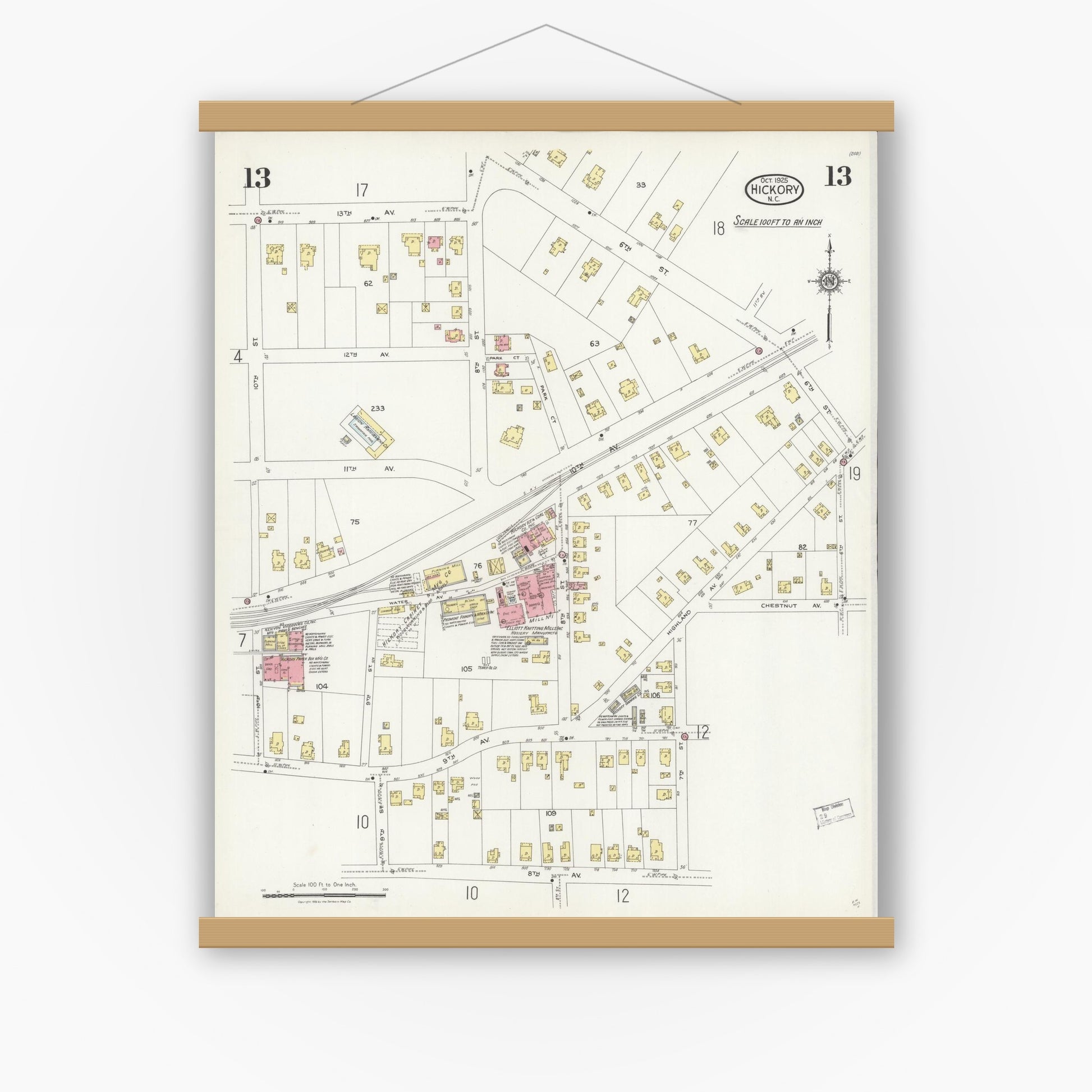Old map wall art mockup — magnetic wood frame on white wall — Sanborn Fire Insurance Map from Hickory, Catawba County, North Carolina (1925), Sheet #0013