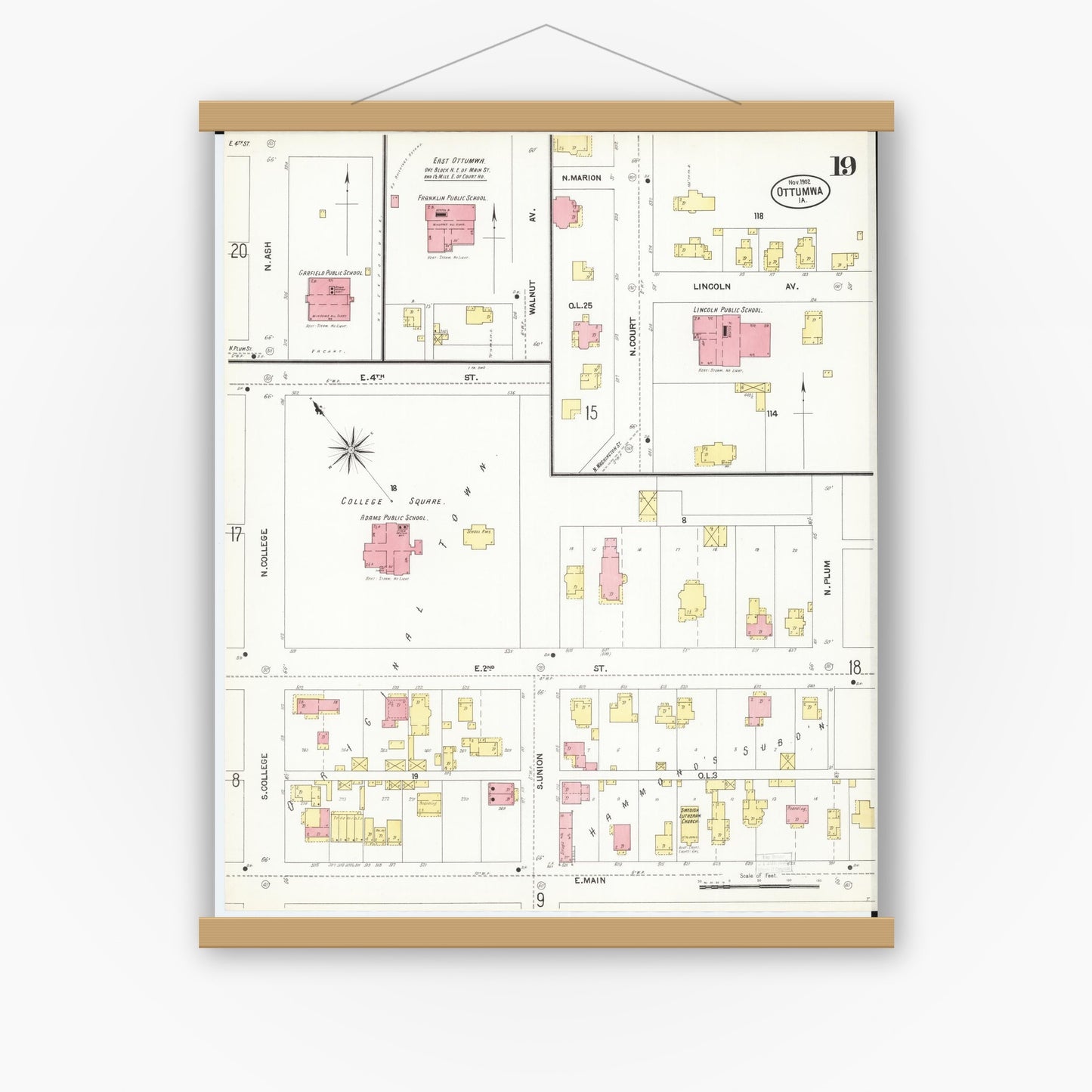 Old map wall art mockup — magnetic wood frame on white wall — Sanborn Fire Insurance Map from Ottumwa, Wapello County, Iowa (1902), Sheet #0019
