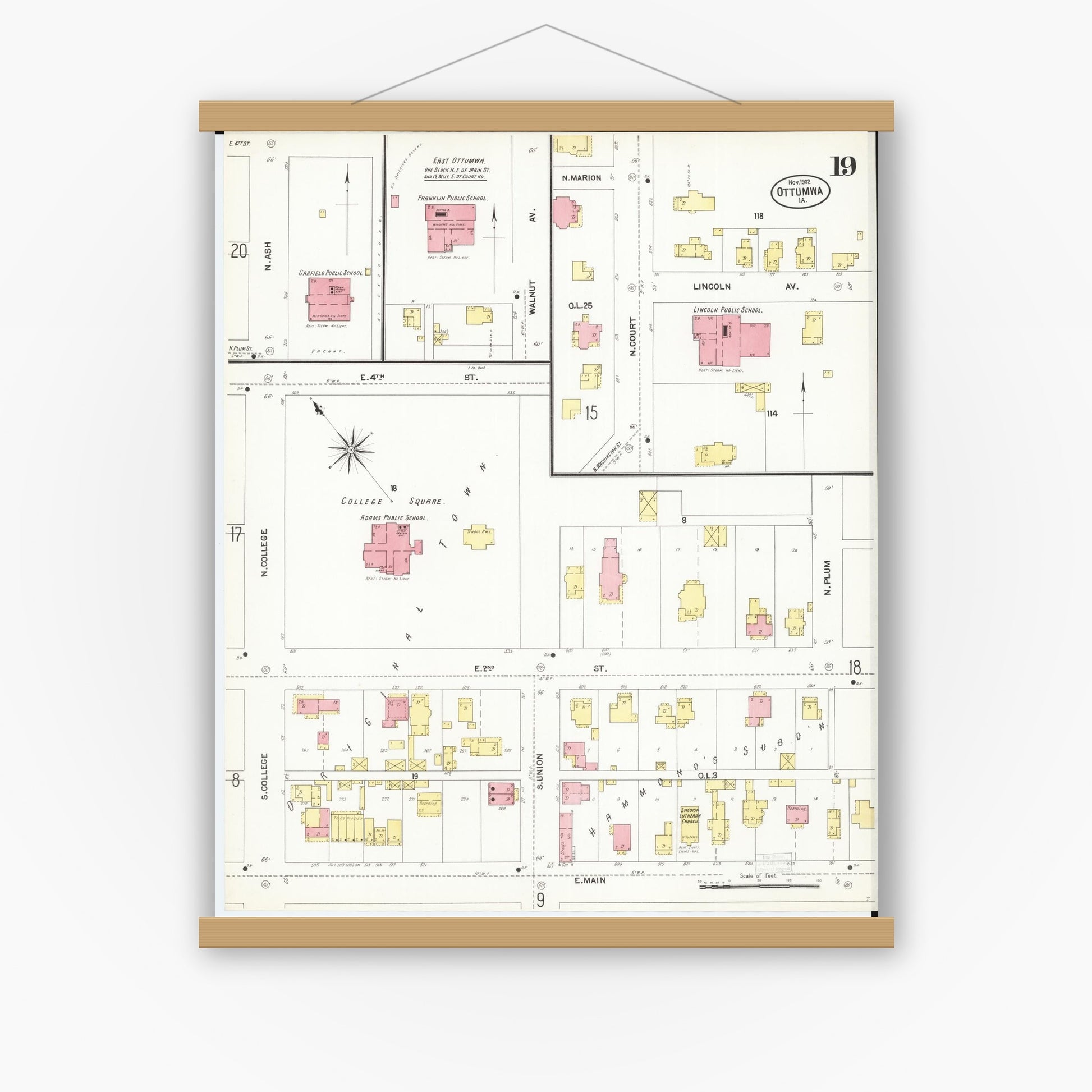 Old map wall art mockup — magnetic wood frame on white wall — Sanborn Fire Insurance Map from Ottumwa, Wapello County, Iowa (1902), Sheet #0019