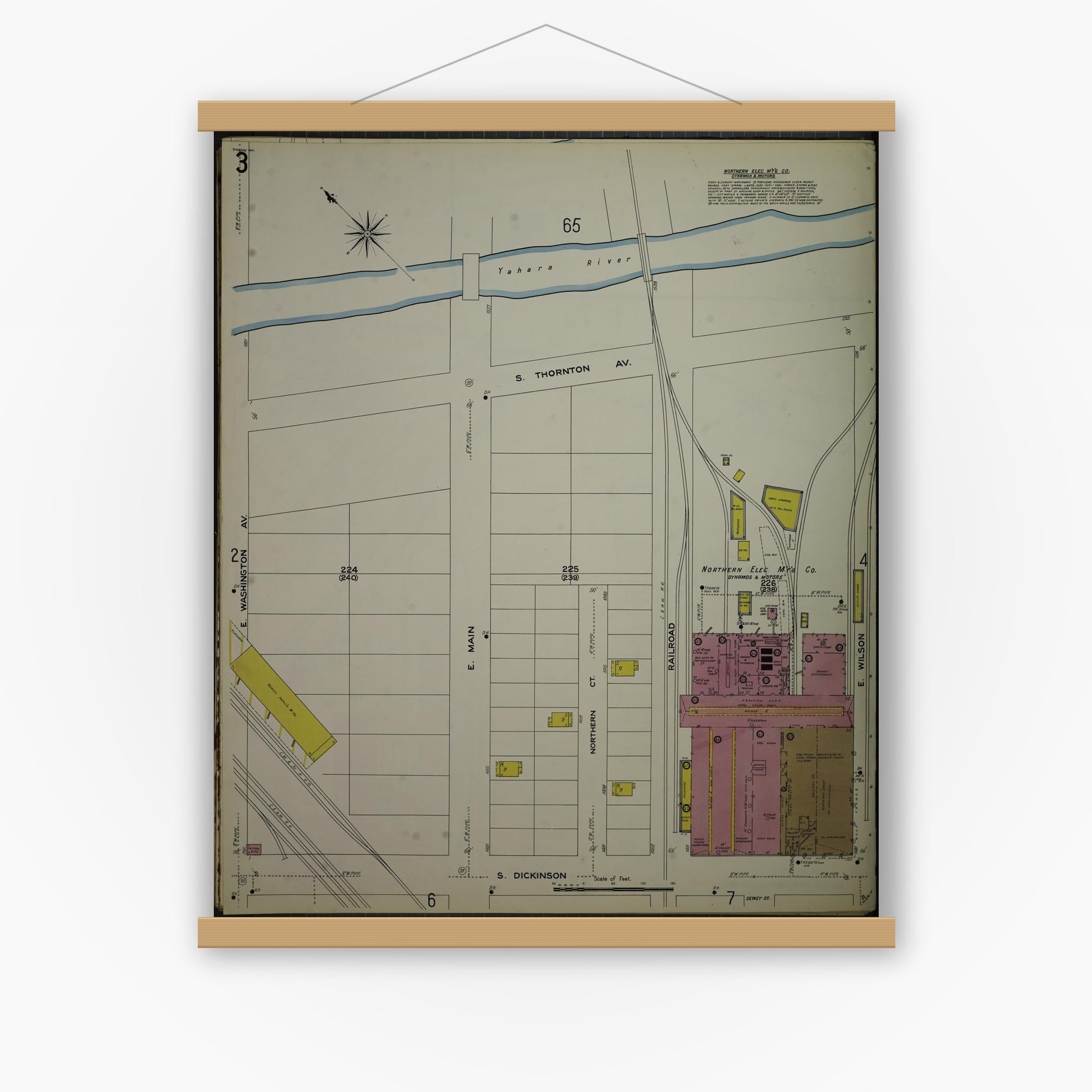 Old map wall art mockup — magnetic wood frame on white wall — Sanborn Fire Insurance Map from Madison, Dane County, Wisconsin (1908), Sheet #0003