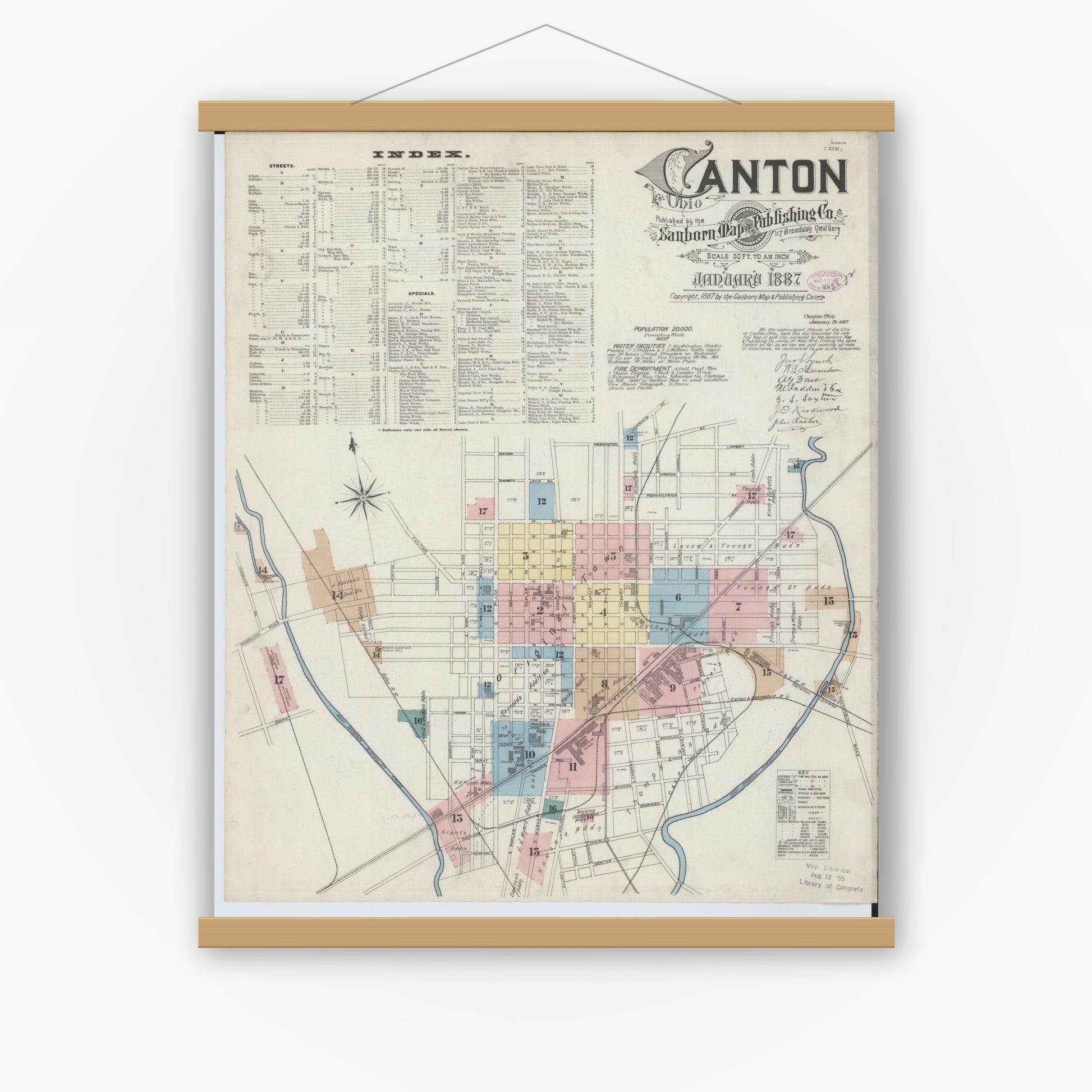 Old map wall art mockup — magnetic wood frame on white wall — Sanborn Fire Insurance Map from Canton, Stark County, Ohio (1887), Sheet #0001