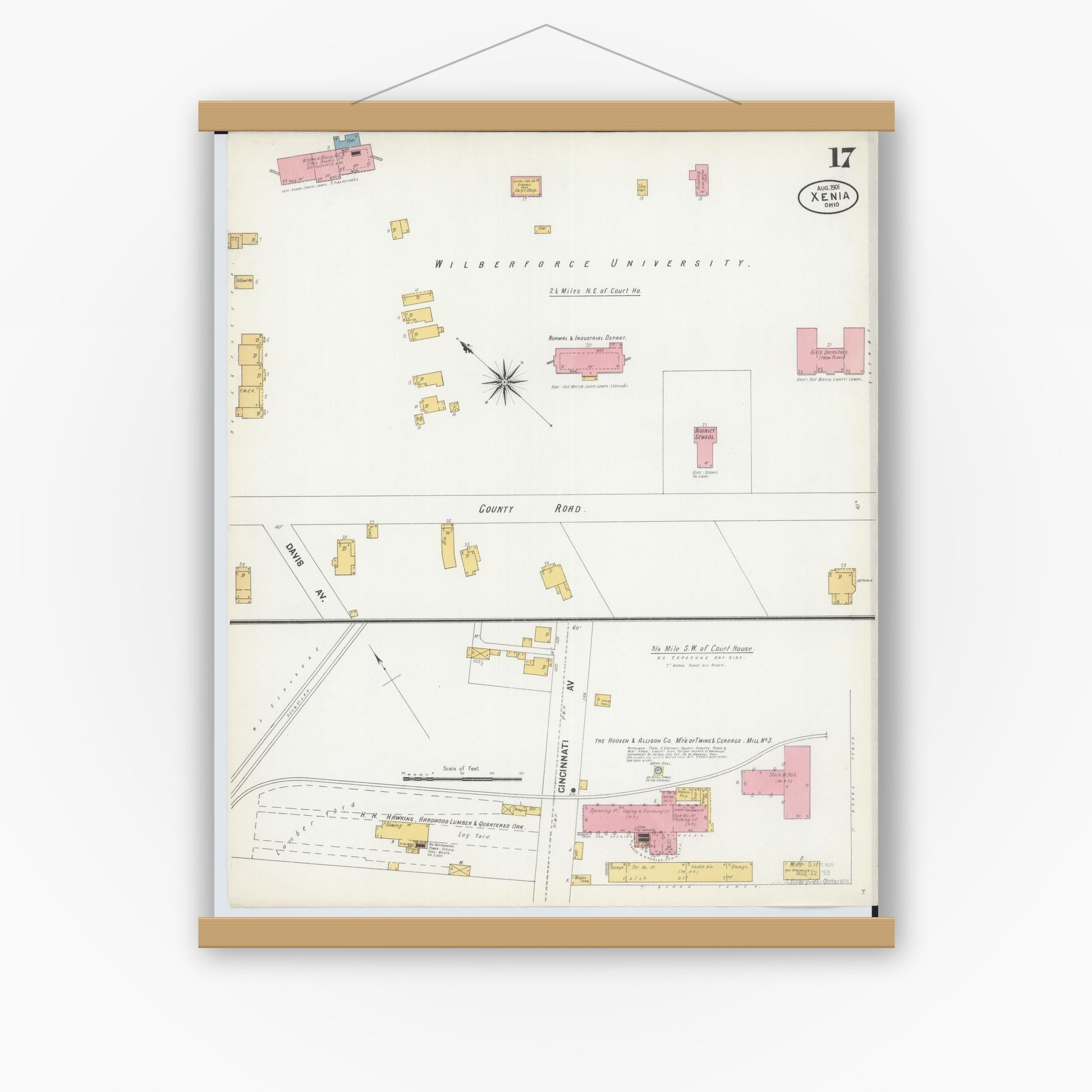 Old map wall art mockup — magnetic wood frame on white wall — Sanborn Fire Insurance Map from Xenia, Greene County, Ohio (1901), Sheet #0017