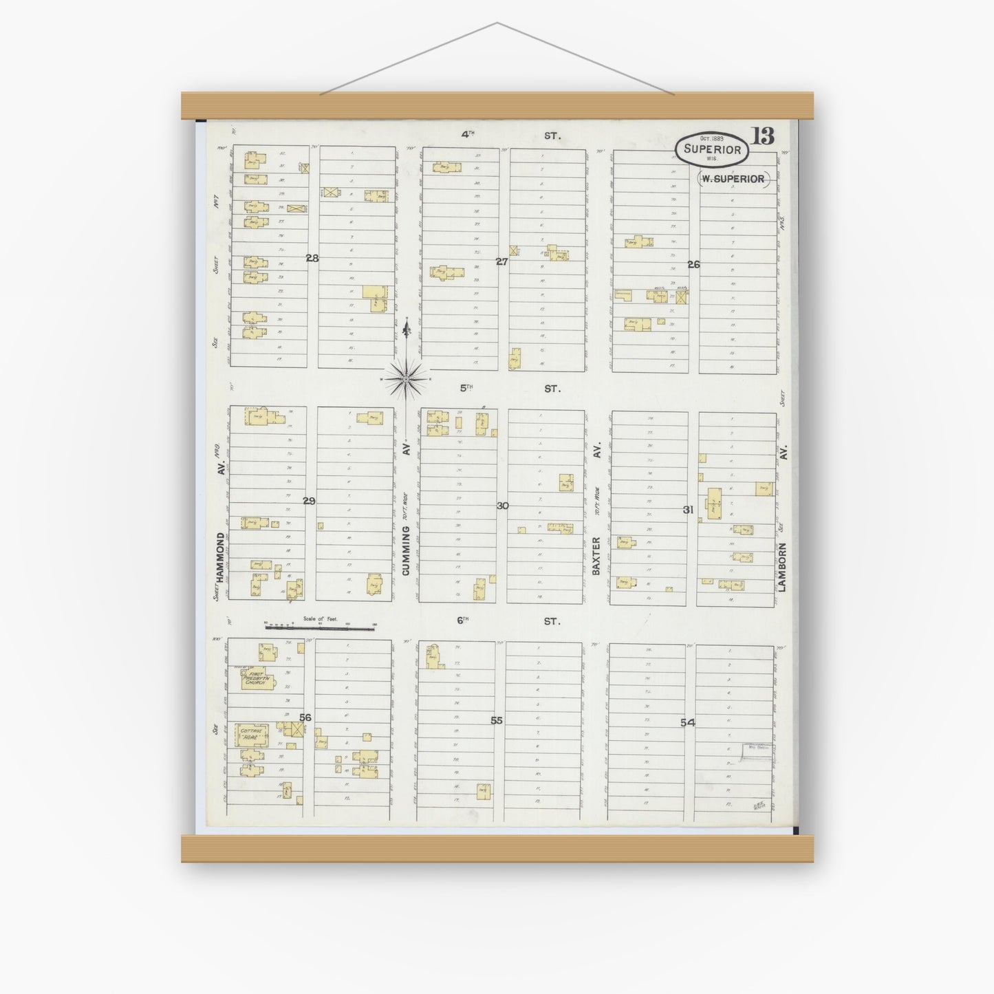 Old map wall art mockup — magnetic wood frame on white wall — Sanborn Fire Insurance Map from Superior, Douglas County, Wisconsin (1889), Sheet #0013