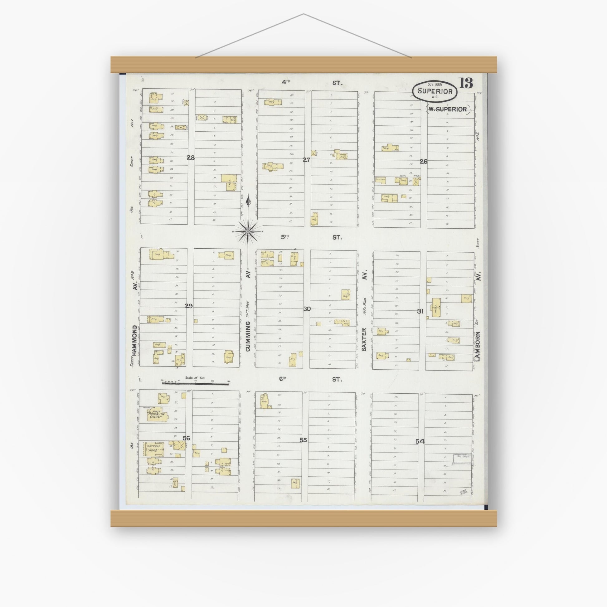 Old map wall art mockup — magnetic wood frame on white wall — Sanborn Fire Insurance Map from Superior, Douglas County, Wisconsin (1889), Sheet #0013