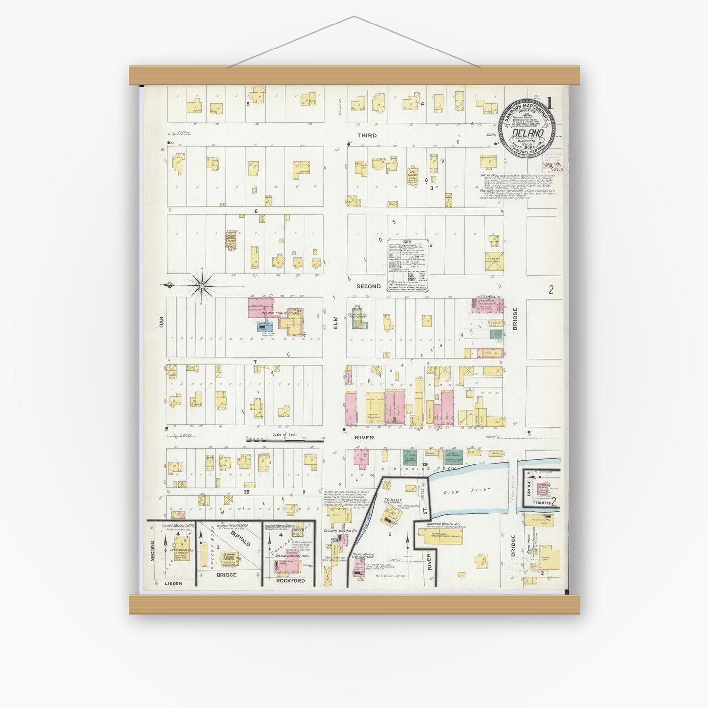 Old map wall art mockup — magnetic wood frame on white wall — Sanborn Fire Insurance Map from Delano, Wright County, Minnesota (1909) - Complete Map Set