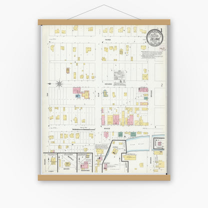 Old map wall art mockup — magnetic wood frame on white wall — Sanborn Fire Insurance Map from Delano, Wright County, Minnesota (1909) - Complete Map Set