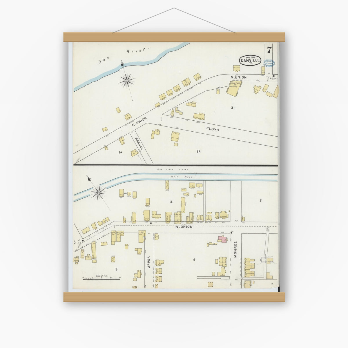 Old map wall art mockup — magnetic wood frame on white wall — Sanborn Fire Insurance Map from Danville, Independent Cities, Virginia (1894), Sheet #0007