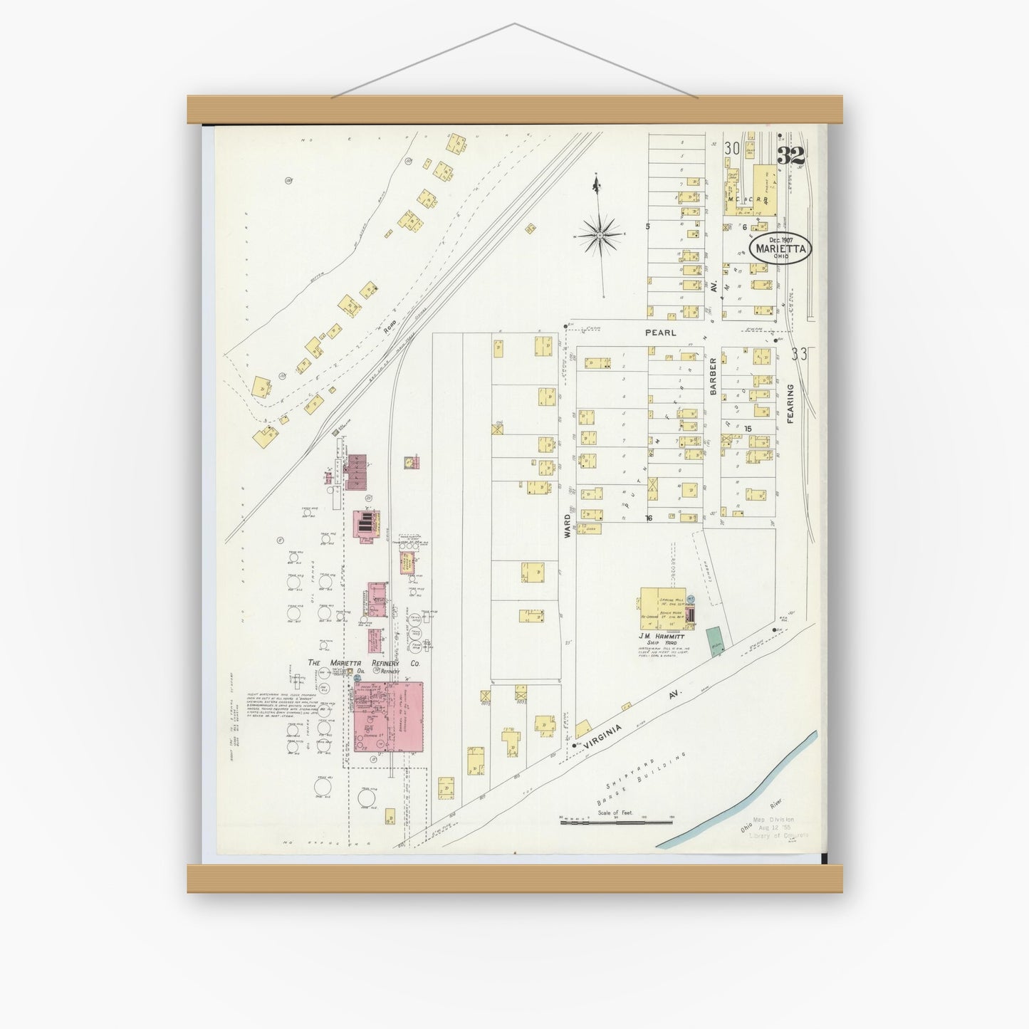 Old map wall art mockup — magnetic wood frame on white wall — Sanborn Fire Insurance Map from Marietta, Washington County, Ohio (1907), Sheet #0032