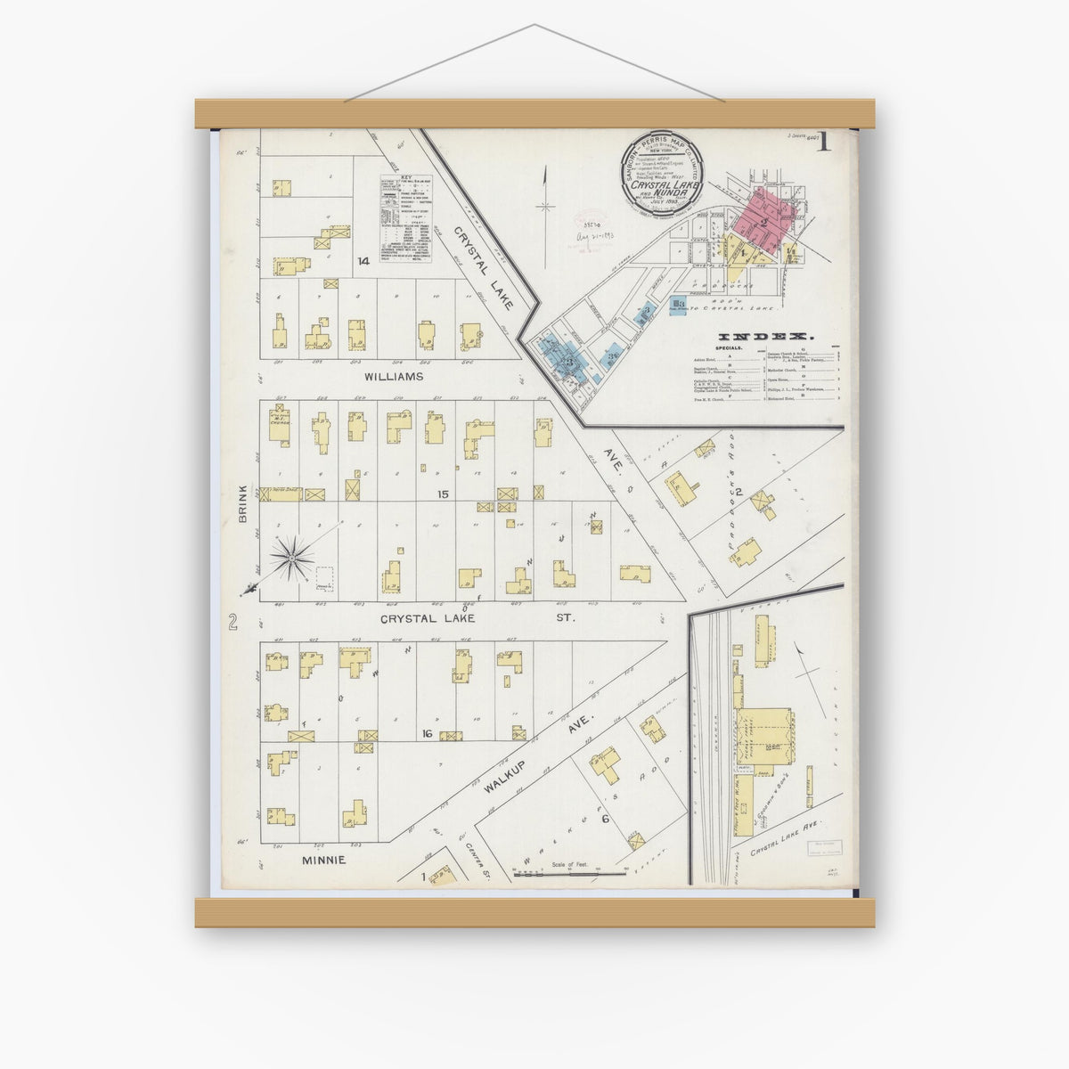 Old map wall art mockup — magnetic wood frame on white wall — Sanborn Fire Insurance Map from Crystal Lake, McHenry County, Illinois (1893) - Complete Map Set