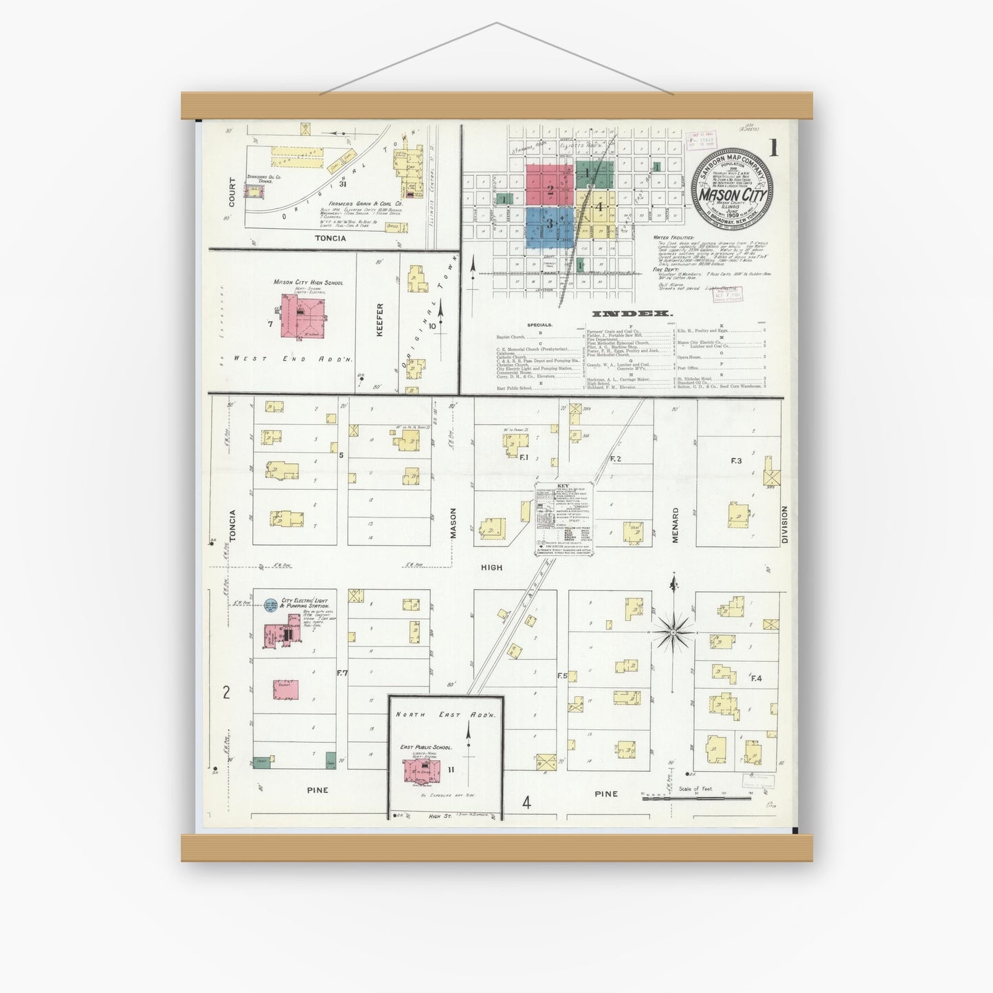 Old map wall art mockup — magnetic wood frame on white wall — Sanborn Fire Insurance Map from Mason City, Mason County, Illinois (1909) - Complete Map Set