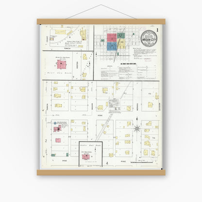 Old map wall art mockup — magnetic wood frame on white wall — Sanborn Fire Insurance Map from Mason City, Mason County, Illinois (1909) - Complete Map Set