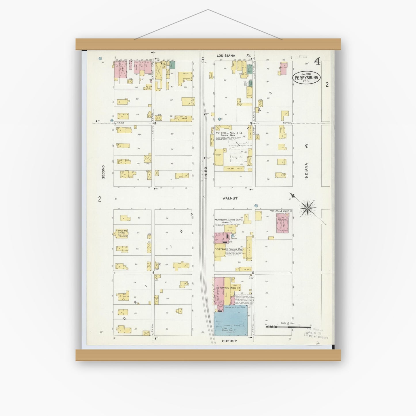 Old map wall art mockup — magnetic wood frame on white wall — Sanborn Fire Insurance Map from Perrysburg, Wood County, Ohio (1908), Sheet #0004