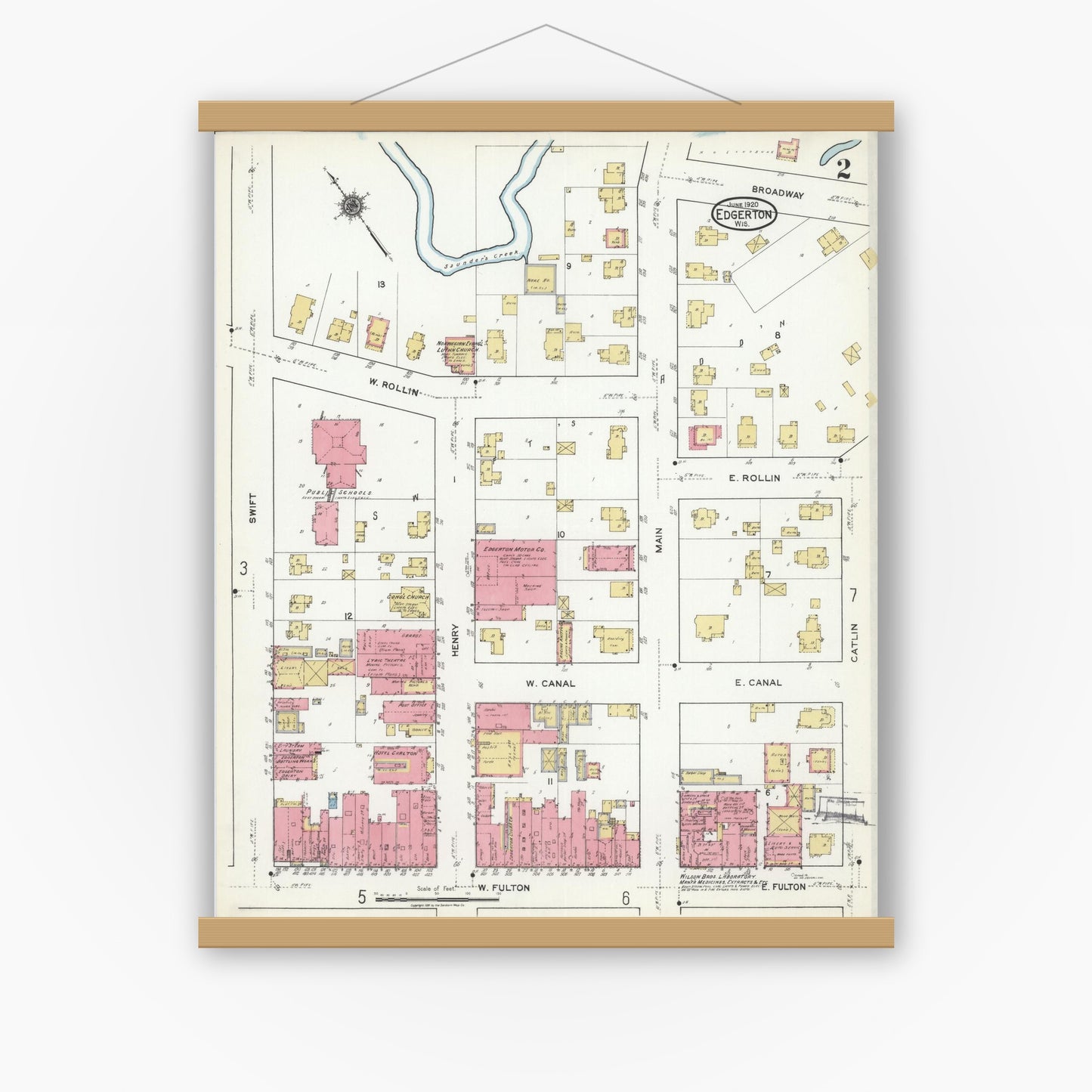 Old map wall art mockup — magnetic wood frame on white wall — Sanborn Fire Insurance Map from Edgerton, Rock County, Wisconsin (1920), Sheet #0002