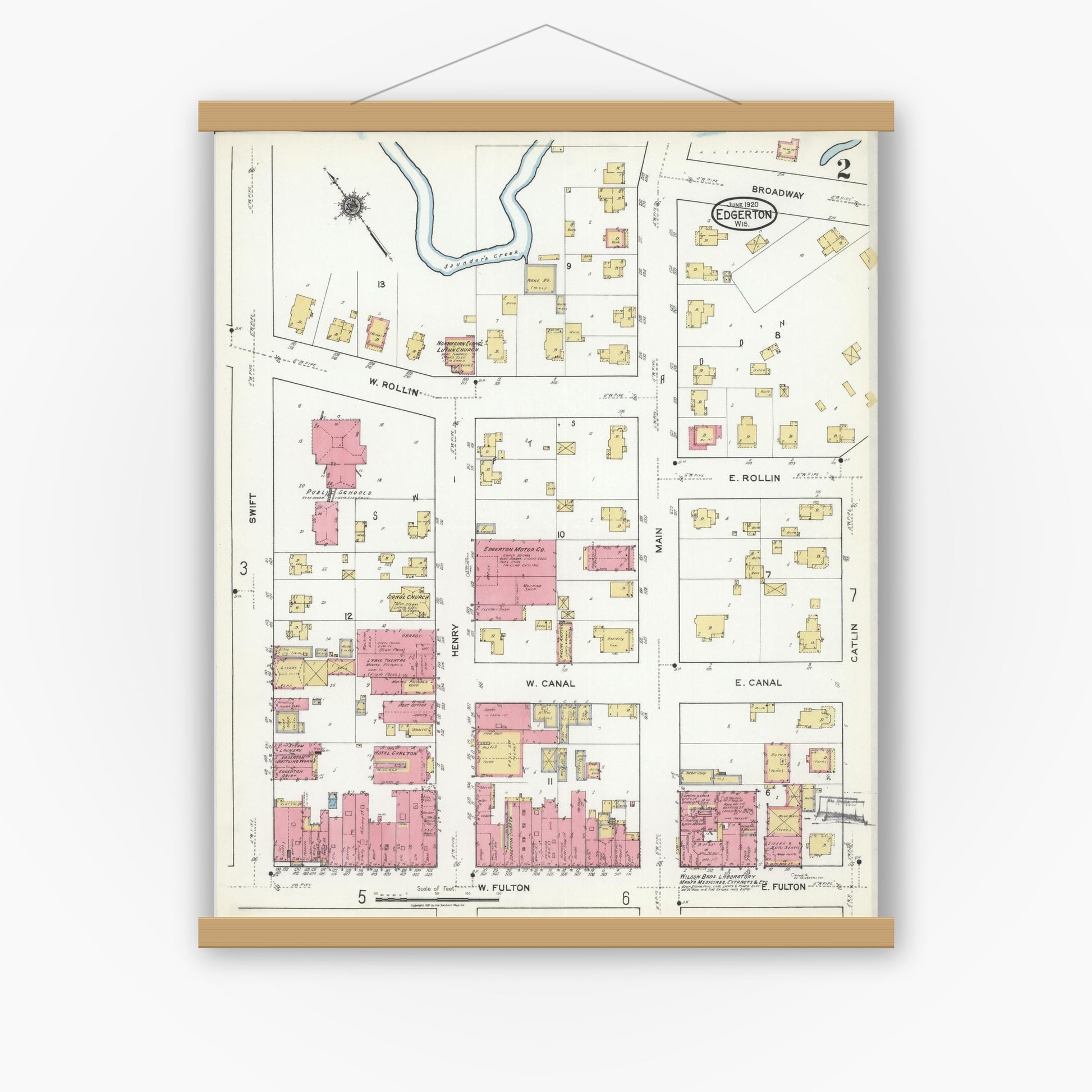 Old map wall art mockup — magnetic wood frame on white wall — Sanborn Fire Insurance Map from Edgerton, Rock County, Wisconsin (1920), Sheet #0002