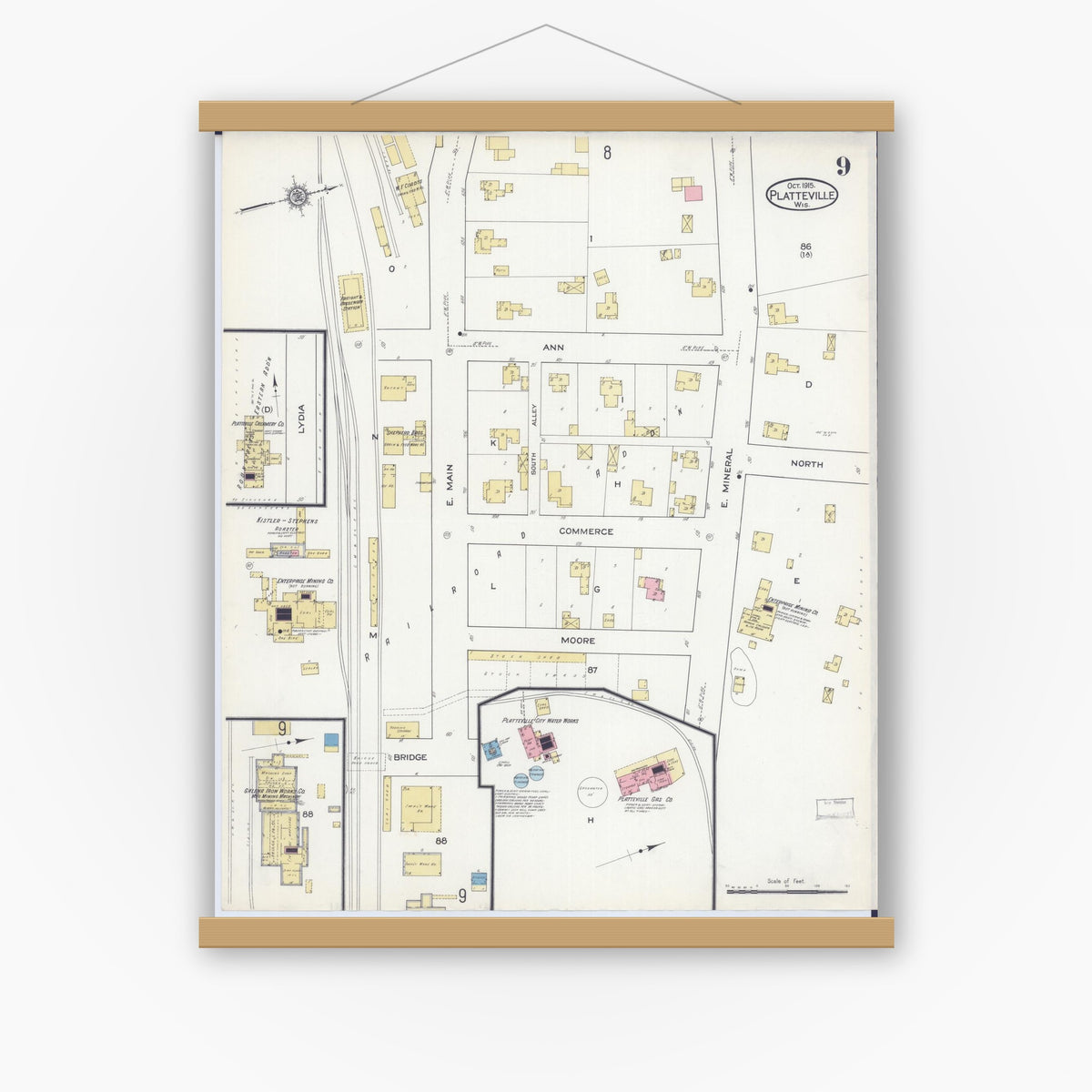 Old map wall art mockup — magnetic wood frame on white wall — Sanborn Fire Insurance Map from Platteville, Grant County, Wisconsin (1915), Sheet #0009