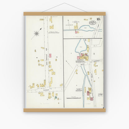 Old map wall art mockup — magnetic wood frame on white wall — Sanborn Fire Insurance Map from Spencer, Worcester County, Massachusetts (1906), Sheet #0013