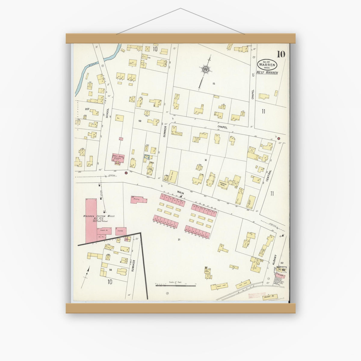 Old map wall art mockup — magnetic wood frame on white wall — Sanborn Fire Insurance Map from Warren, Worcester County, Massachusetts (1911), Sheet #0010