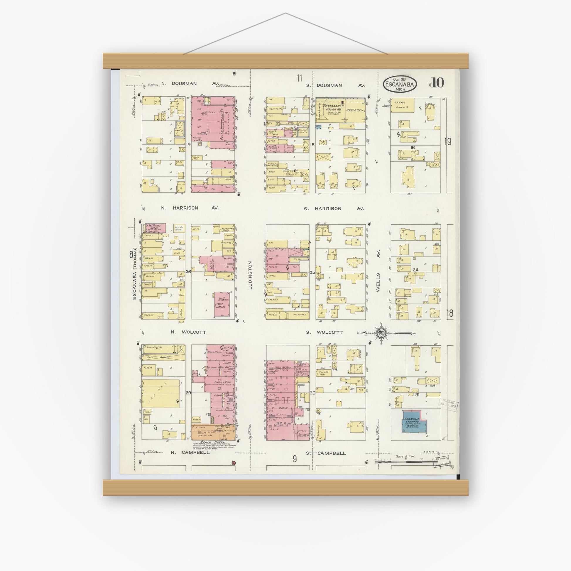 Old map wall art mockup — magnetic wood frame on white wall — Sanborn Fire Insurance Map from Escanaba, Delta County, Michigan (1913), Sheet #0010