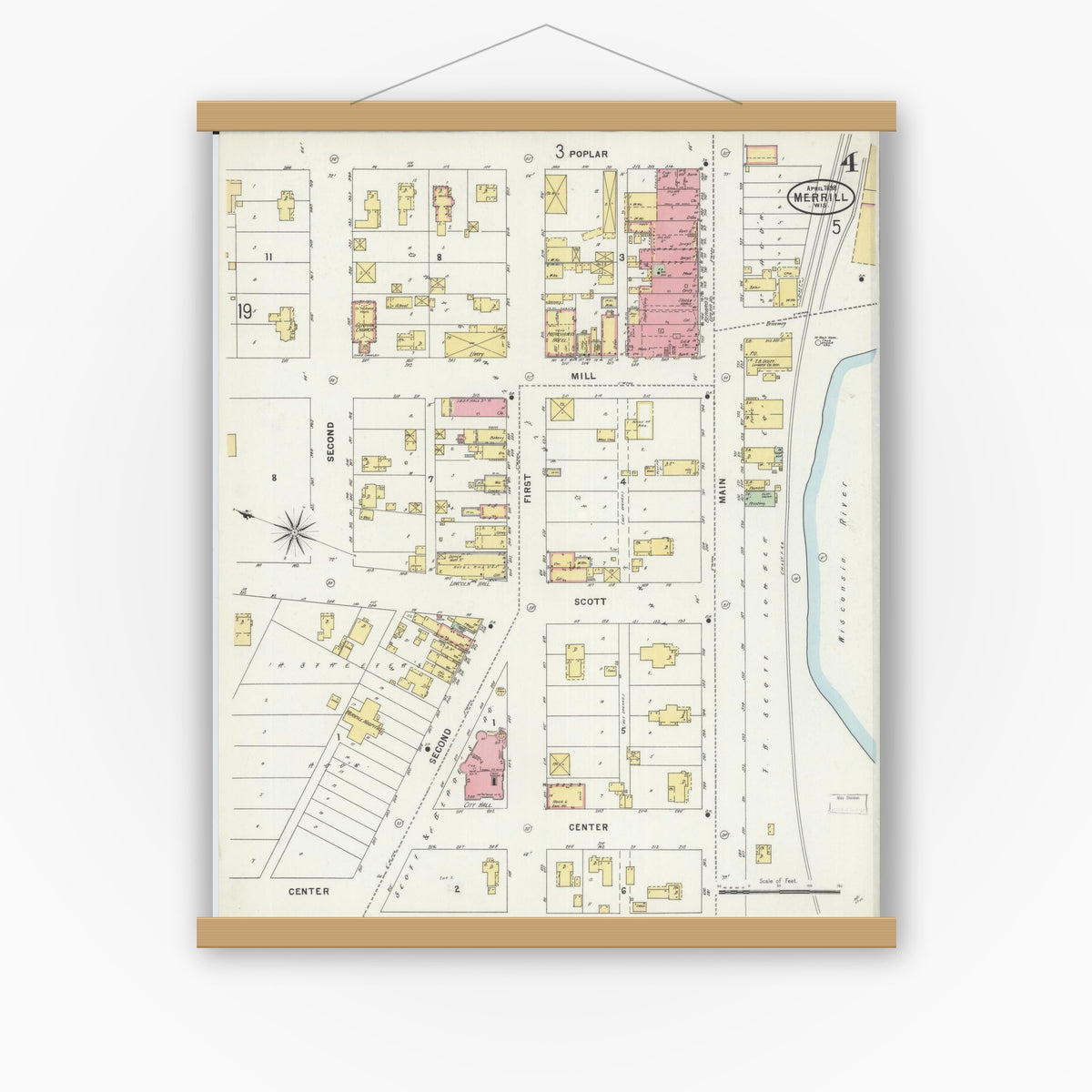 Old map wall art mockup — magnetic wood frame on white wall — Sanborn Fire Insurance Map from Merrill, Lincoln County, Wisconsin (1898), Sheet #0004