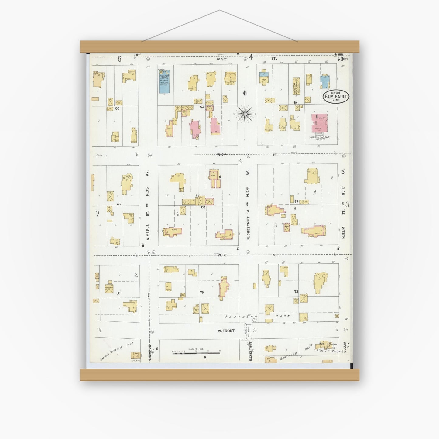 Old map wall art mockup — magnetic wood frame on white wall — Sanborn Fire Insurance Map from Faribault, Rice County, Minnesota (1899), Sheet #0005