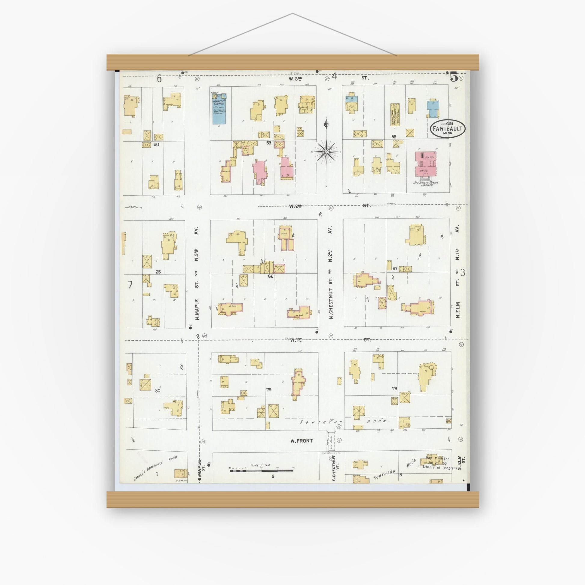 Old map wall art mockup — magnetic wood frame on white wall — Sanborn Fire Insurance Map from Faribault, Rice County, Minnesota (1899), Sheet #0005
