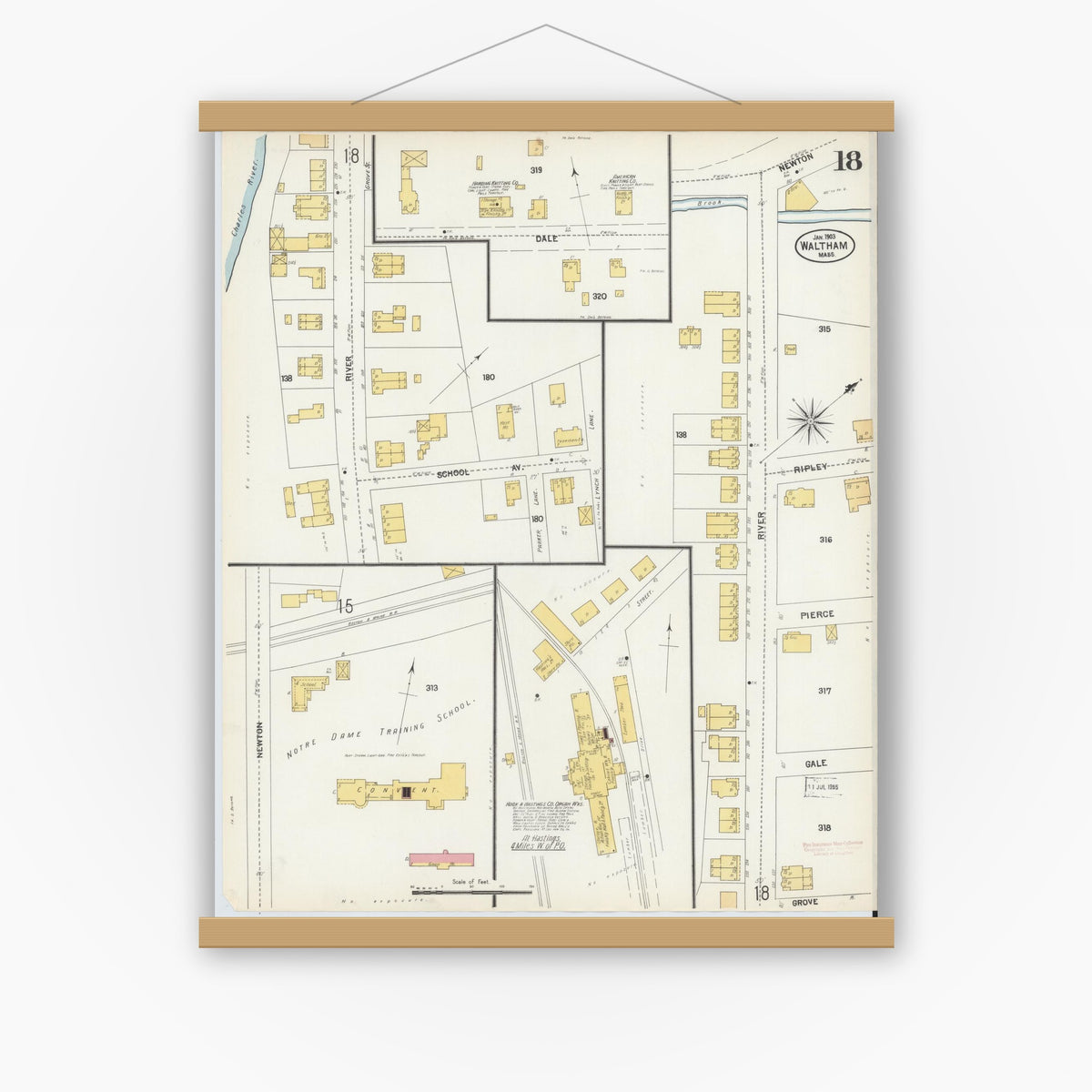 Old map wall art mockup — magnetic wood frame on white wall — Sanborn Fire Insurance Map from Waltham, Middlesex County, Massachusetts (1903), Sheet #0018