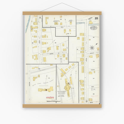 Old map wall art mockup — magnetic wood frame on white wall — Sanborn Fire Insurance Map from Waltham, Middlesex County, Massachusetts (1903), Sheet #0018