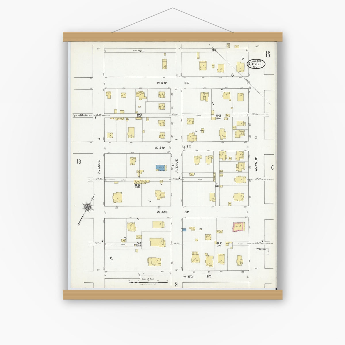Old map wall art mockup — magnetic wood frame on white wall — Sanborn Fire Insurance Map from Cisco, Eastland County, Texas (1920), Sheet #0008