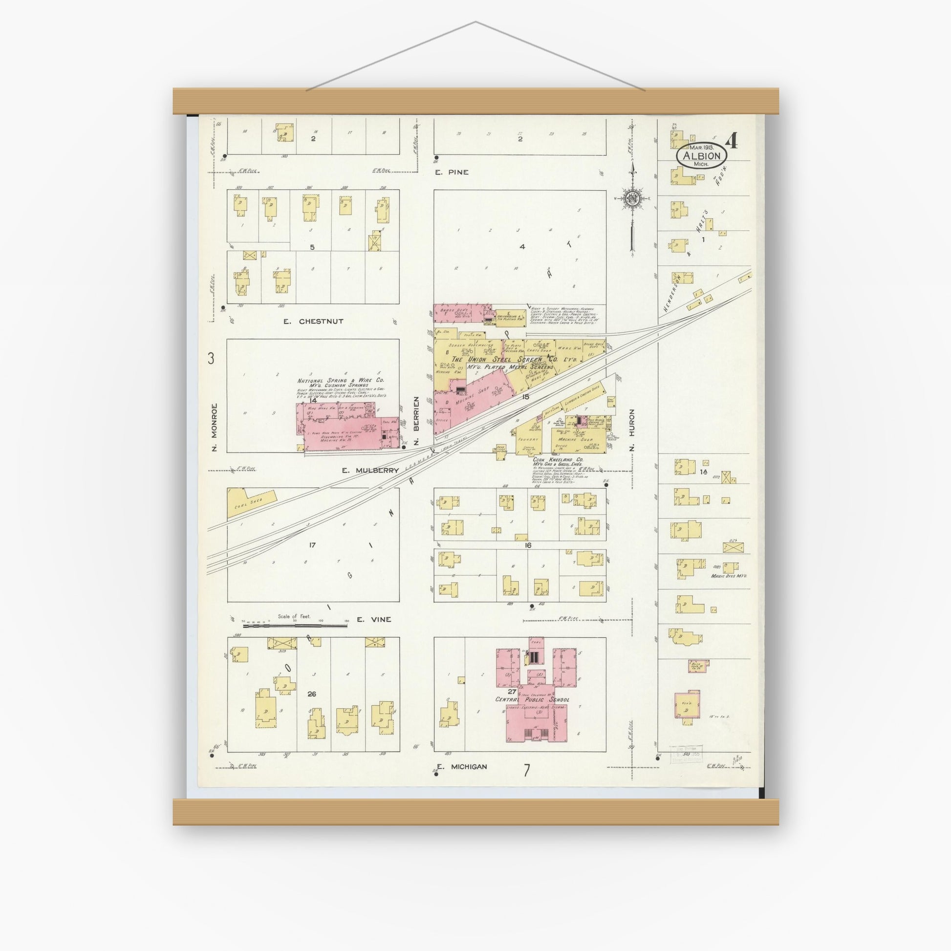 Old map wall art mockup — magnetic wood frame on white wall — Sanborn Fire Insurance Map from Albion, Calhoun County, Michigan (1913), Sheet #0004