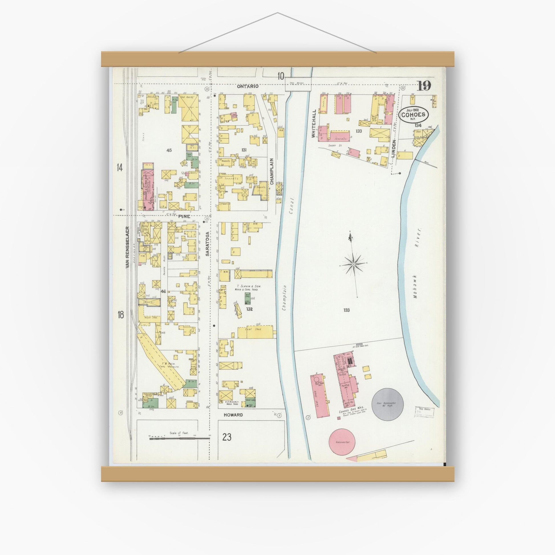 Old map wall art mockup — magnetic wood frame on white wall — Sanborn Fire Insurance Map from Cohoes, Albany County, New York (1902), Sheet #0019