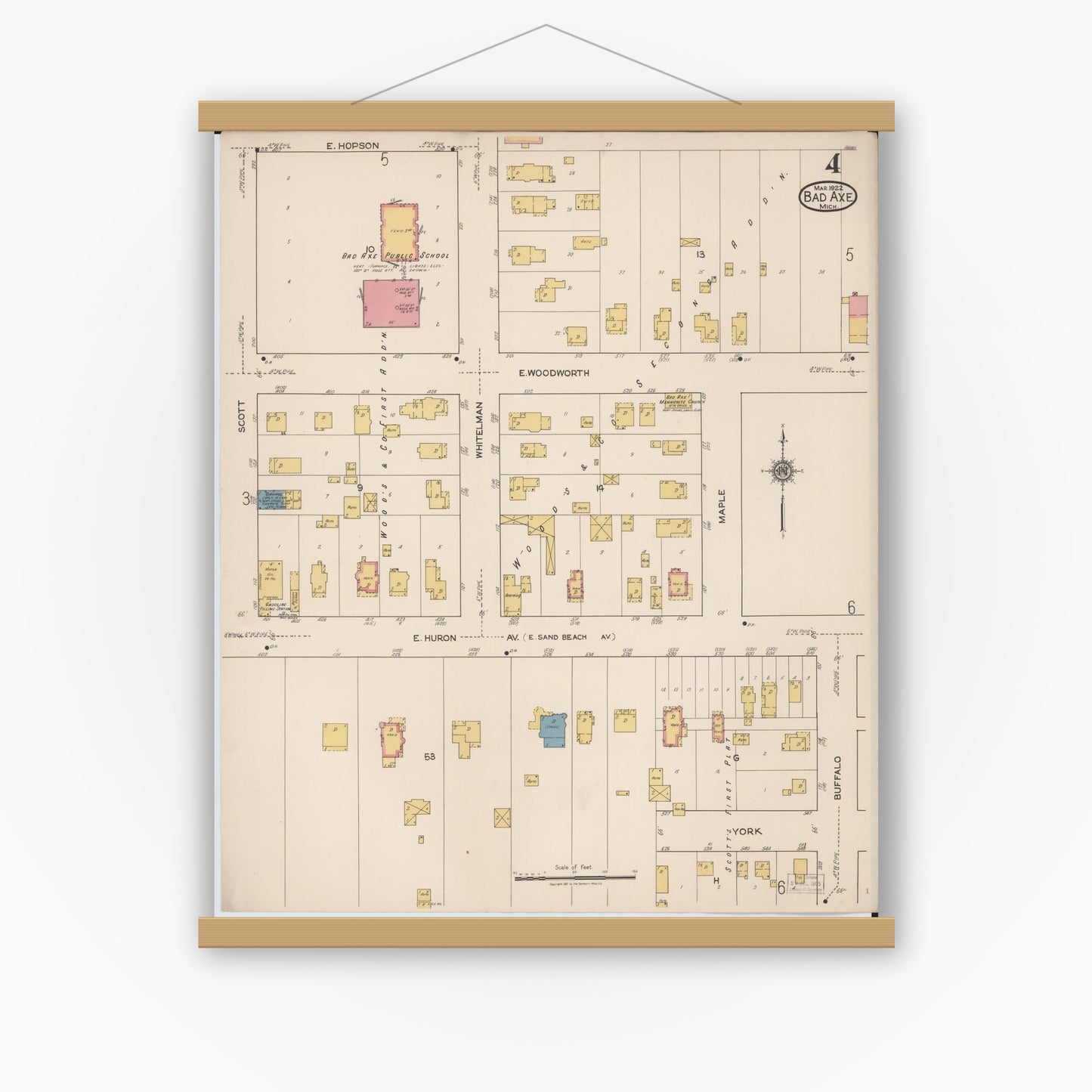 Old map wall art mockup — magnetic wood frame on white wall — Sanborn Fire Insurance Map from Bad Axe, Huron County, Michigan (1922), Sheet #0004