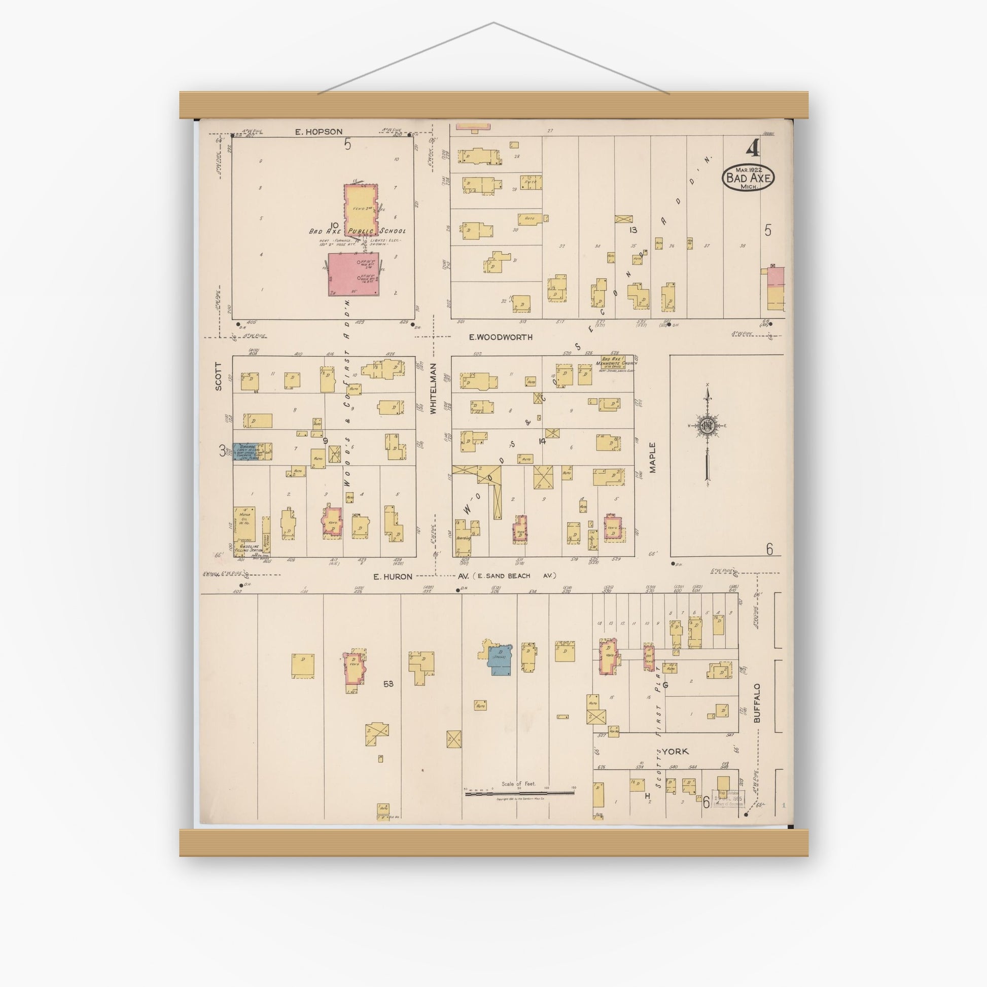 Old map wall art mockup — magnetic wood frame on white wall — Sanborn Fire Insurance Map from Bad Axe, Huron County, Michigan (1922), Sheet #0004