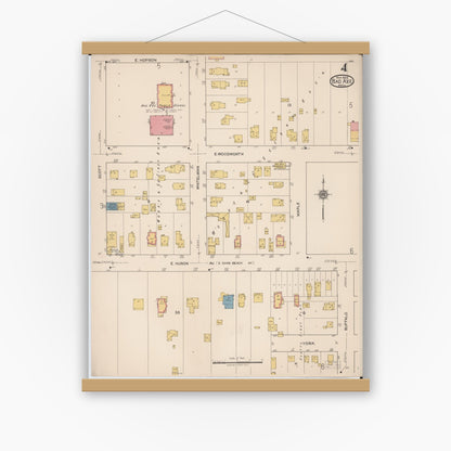 Old map wall art mockup — magnetic wood frame on white wall — Sanborn Fire Insurance Map from Bad Axe, Huron County, Michigan (1922), Sheet #0004