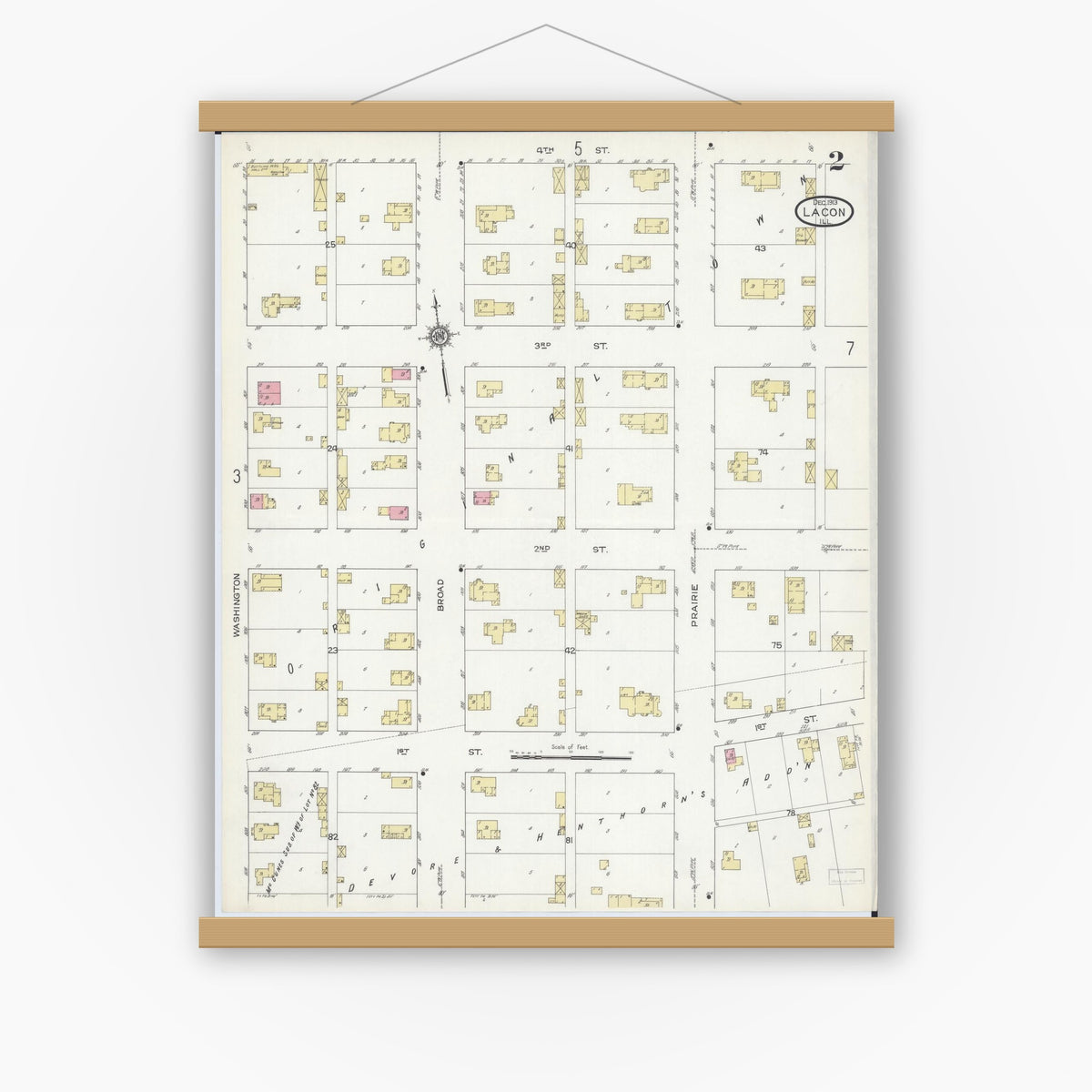 Old map wall art mockup — magnetic wood frame on white wall — Sanborn Fire Insurance Map from Lacon, Marshall County, Illinois (1913), Sheet #0002
