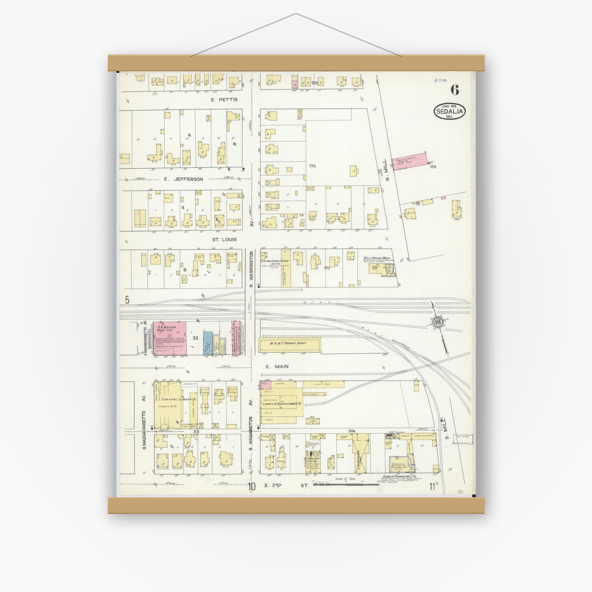 Old map wall art mockup — magnetic wood frame on white wall — Sanborn Fire Insurance Map from Sedalia, Pettis County, Missouri (1914), Sheet #0006