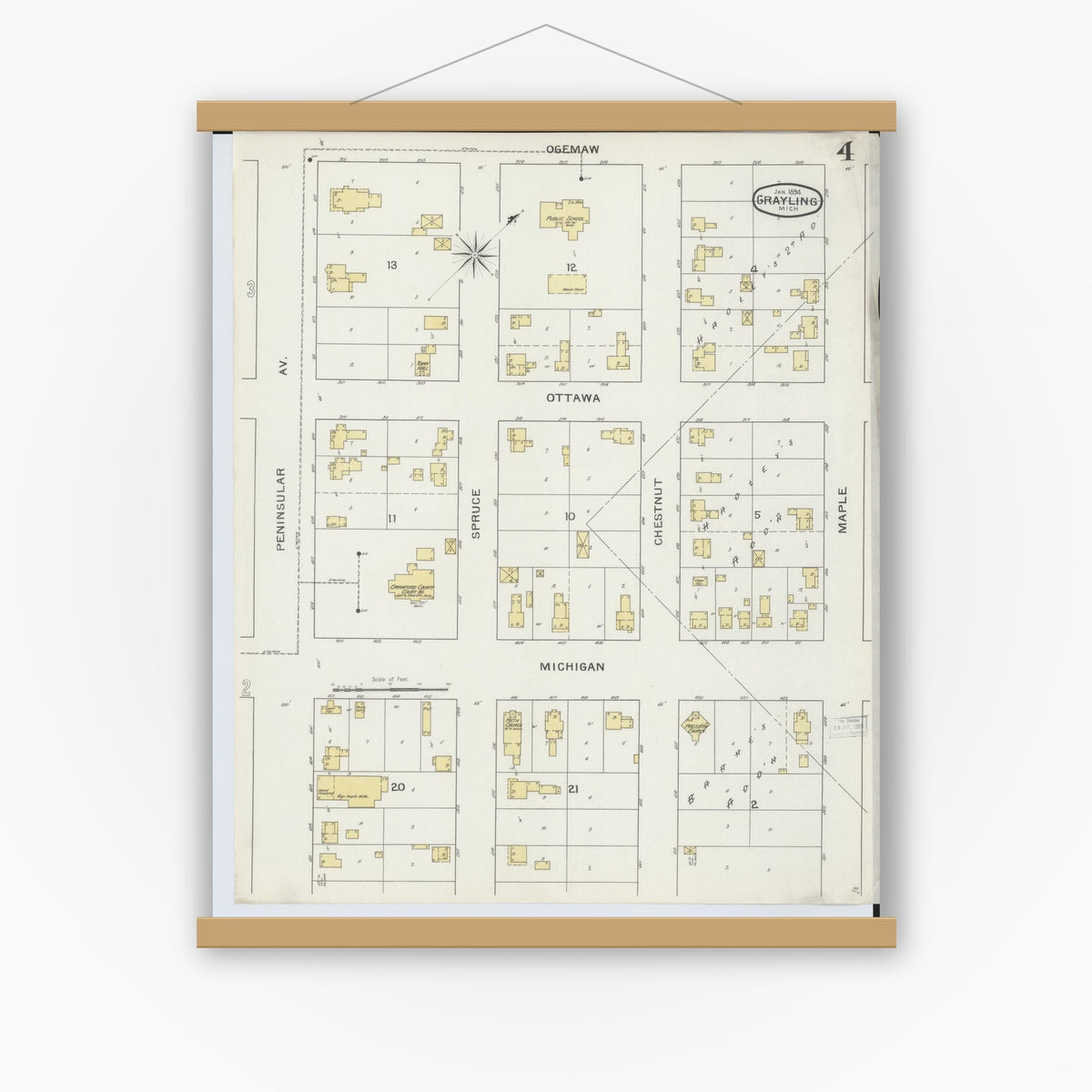 Old map wall art mockup — magnetic wood frame on white wall — Sanborn Fire Insurance Map from Grayling, Crawford County, Michigan (1894), Sheet #0004