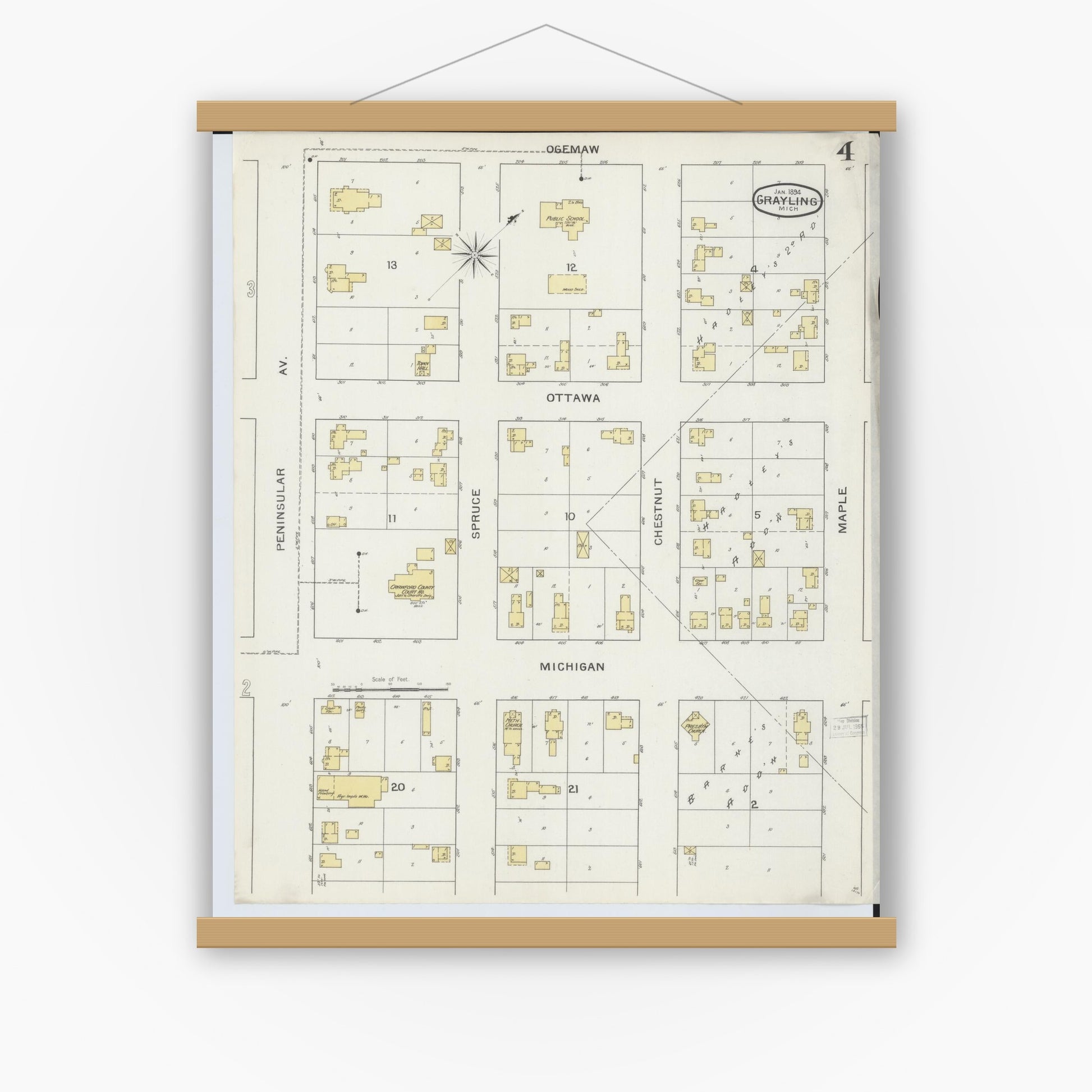 Old map wall art mockup — magnetic wood frame on white wall — Sanborn Fire Insurance Map from Grayling, Crawford County, Michigan (1894), Sheet #0004