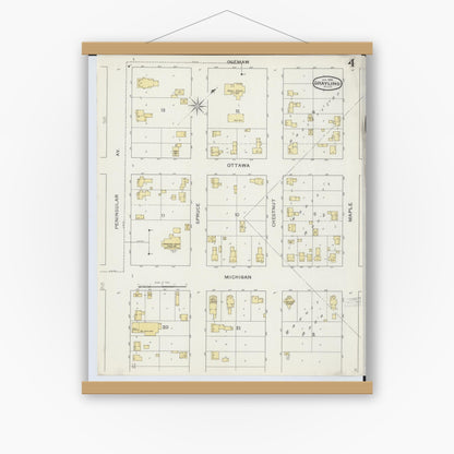 Old map wall art mockup — magnetic wood frame on white wall — Sanborn Fire Insurance Map from Grayling, Crawford County, Michigan (1894), Sheet #0004