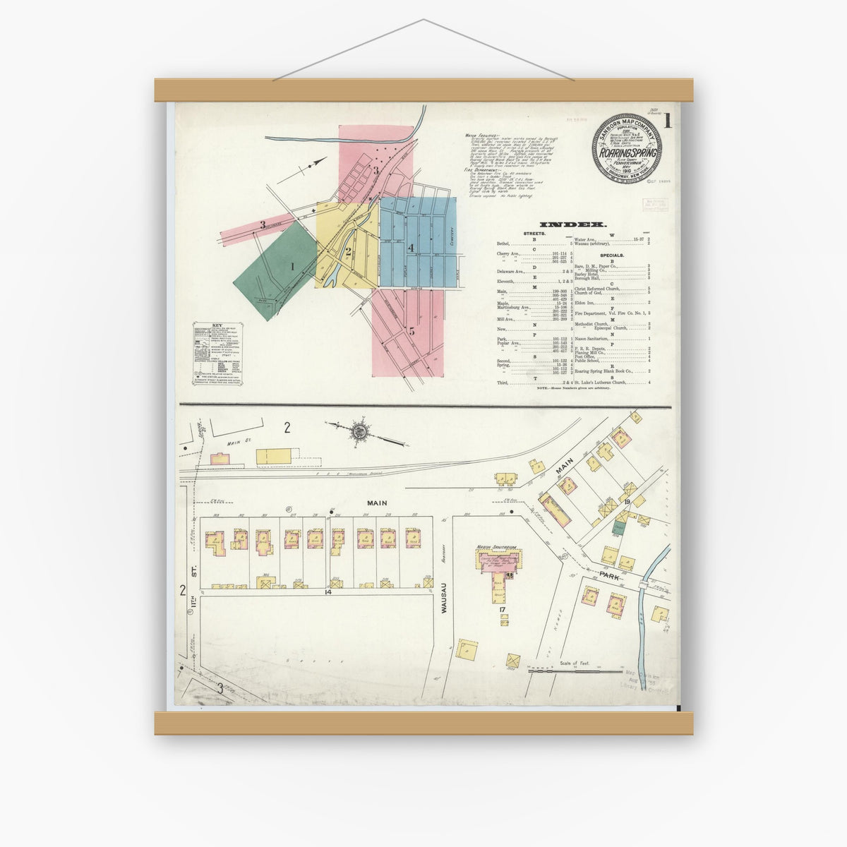 Old map wall art mockup — magnetic wood frame on white wall — Sanborn Fire Insurance Map from Roaring Spring, Blair County, Pennsylvania (1910) - Complete Map Set