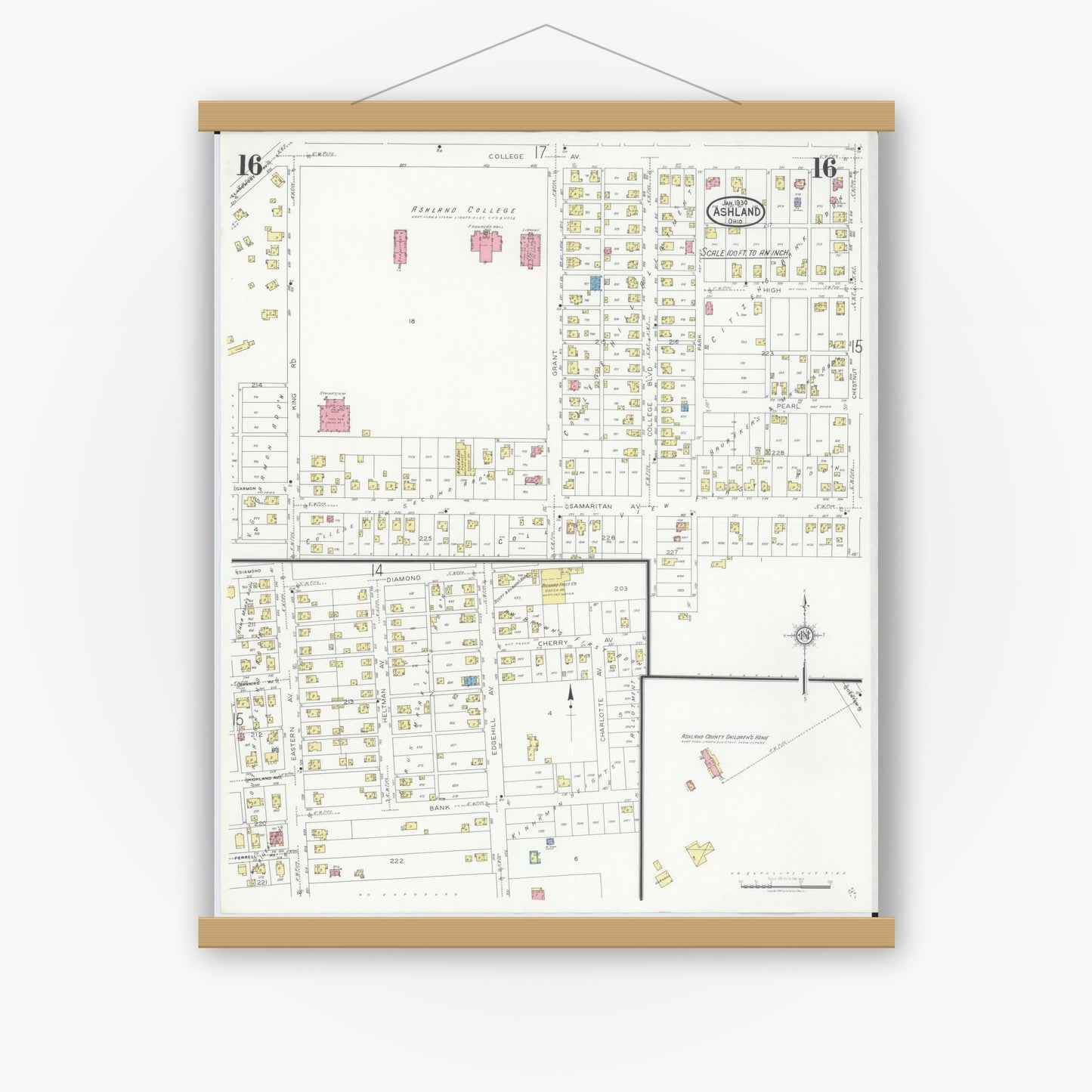 Old map wall art mockup — magnetic wood frame on white wall — Sanborn Fire Insurance Map from Ashland, Ashland County, Ohio (1930), Sheet #0016