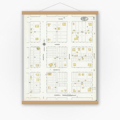 Old map wall art mockup — magnetic wood frame on white wall — Sanborn Fire Insurance Map from Crowell, Foard County, Texas (1921), Sheet #0007