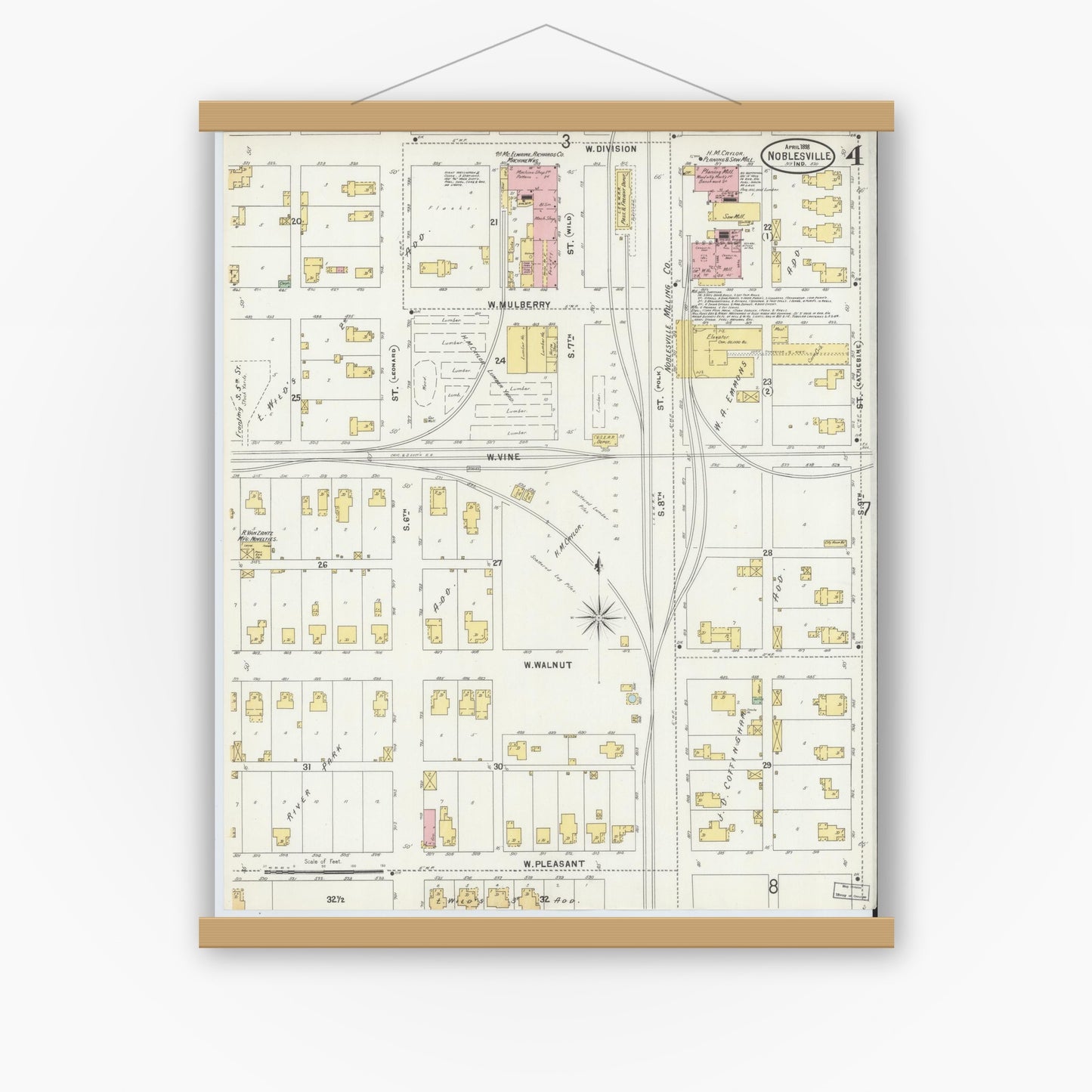 Old map wall art mockup — magnetic wood frame on white wall — Sanborn Fire Insurance Map from Noblesville, Hamilton County, Indiana (1898), Sheet #0004