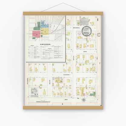 Old map wall art mockup — magnetic wood frame on white wall — Sanborn Fire Insurance Map from Rockdale, Milam County, Texas (1901), Sheet #0001