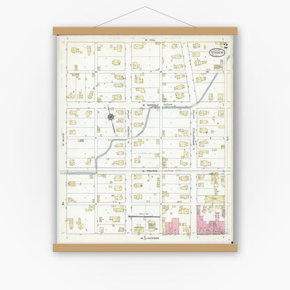 Old map wall art mockup — magnetic wood frame on white wall — Sanborn Fire Insurance Map from Virden, Macoupin County, Illinois (1914), Sheet #0002