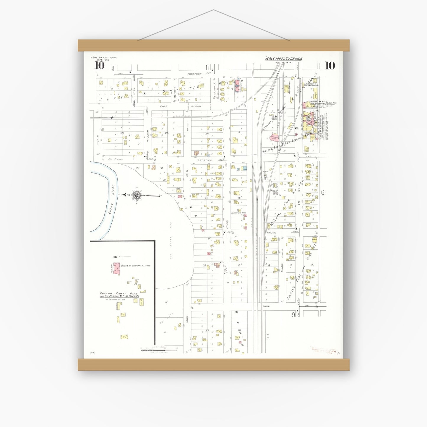Old map wall art mockup — magnetic wood frame on white wall — Sanborn Fire Insurance Map from Webster City, Hamilton County, Iowa (1938), Sheet #0010