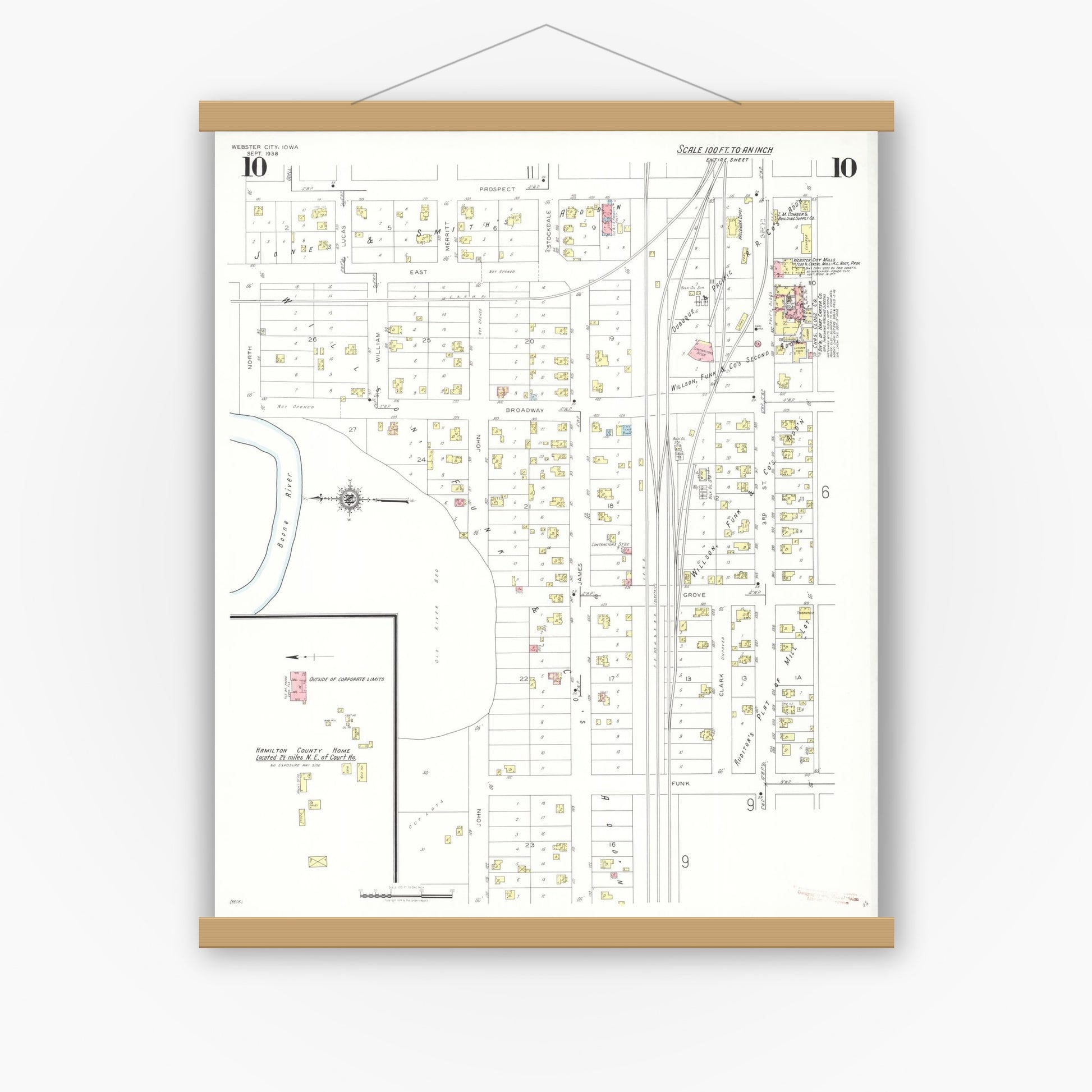 Old map wall art mockup — magnetic wood frame on white wall — Sanborn Fire Insurance Map from Webster City, Hamilton County, Iowa (1938), Sheet #0010