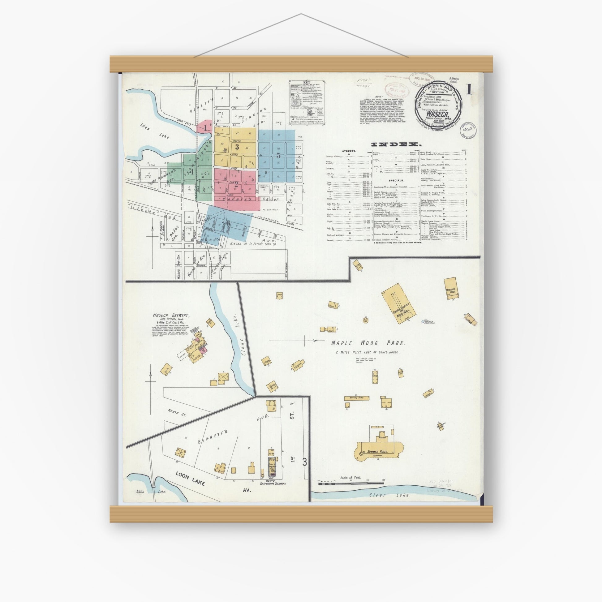 Old map wall art mockup — magnetic wood frame on white wall — Sanborn Fire Insurance Map from Waseca, Waseca County, Minnesota (1899), Sheet #0001