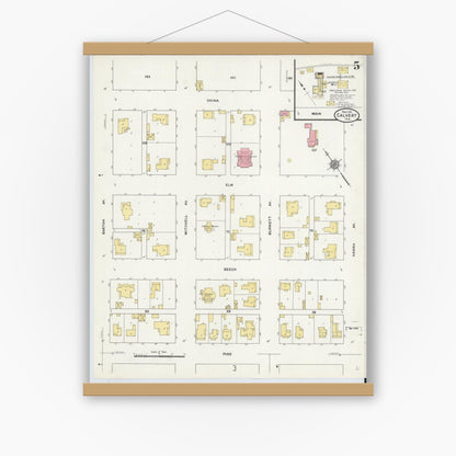 Old map wall art mockup — magnetic wood frame on white wall — Sanborn Fire Insurance Map from Calvert, Robertson County, Texas (1911), Sheet #0005
