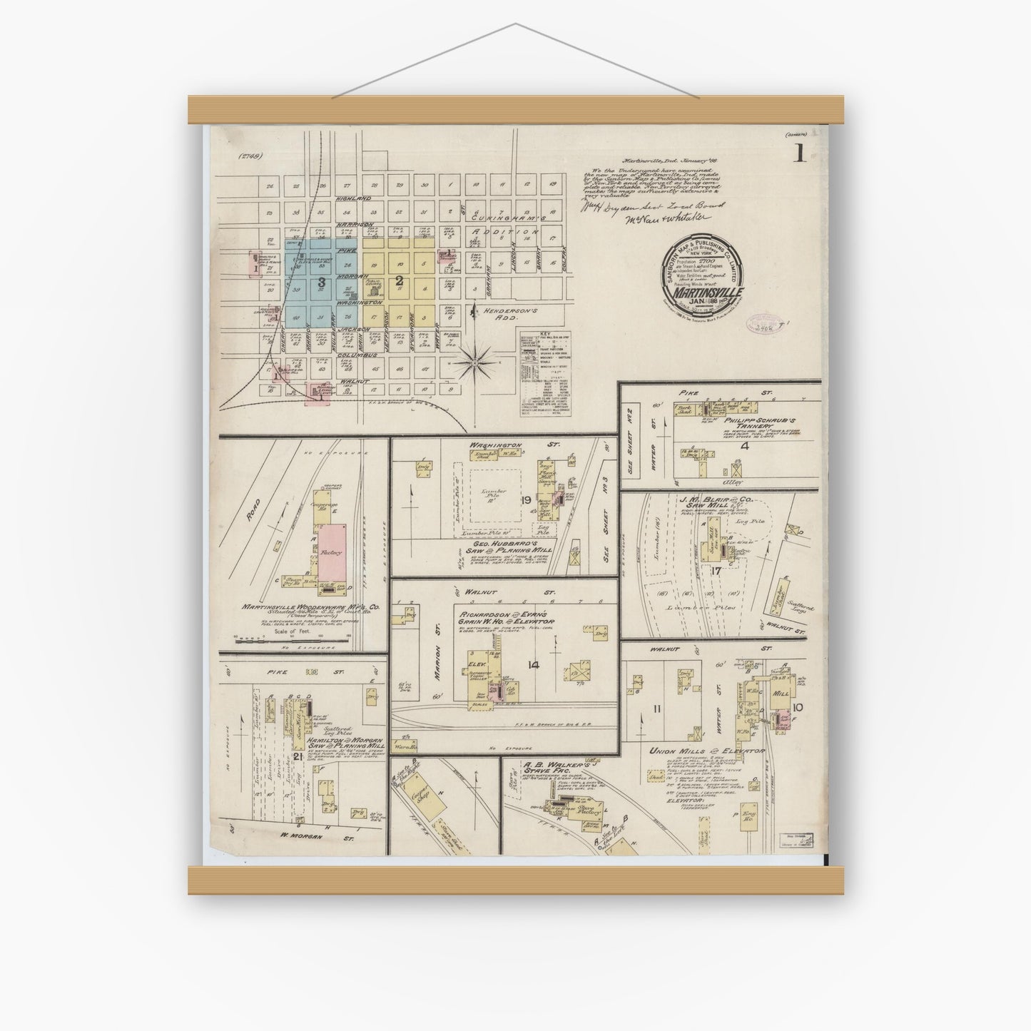 Old map wall art mockup — magnetic wood frame on white wall — Sanborn Fire Insurance Map from Martinsville, Morgan County, Indiana (1888) - Complete Map Set