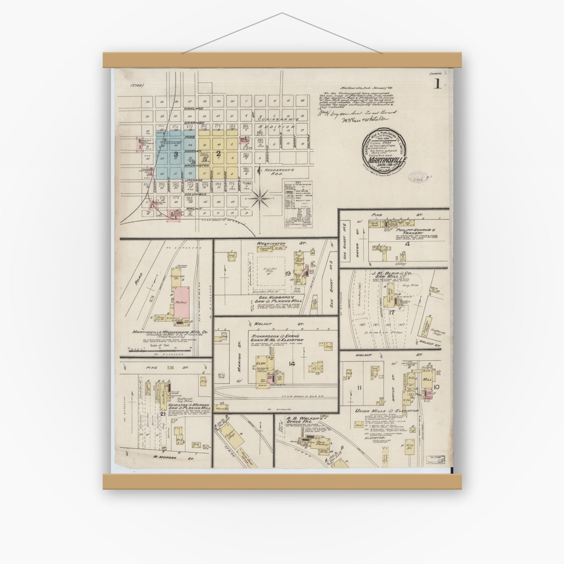 Old map wall art mockup — magnetic wood frame on white wall — Sanborn Fire Insurance Map from Martinsville, Morgan County, Indiana (1888) - Complete Map Set